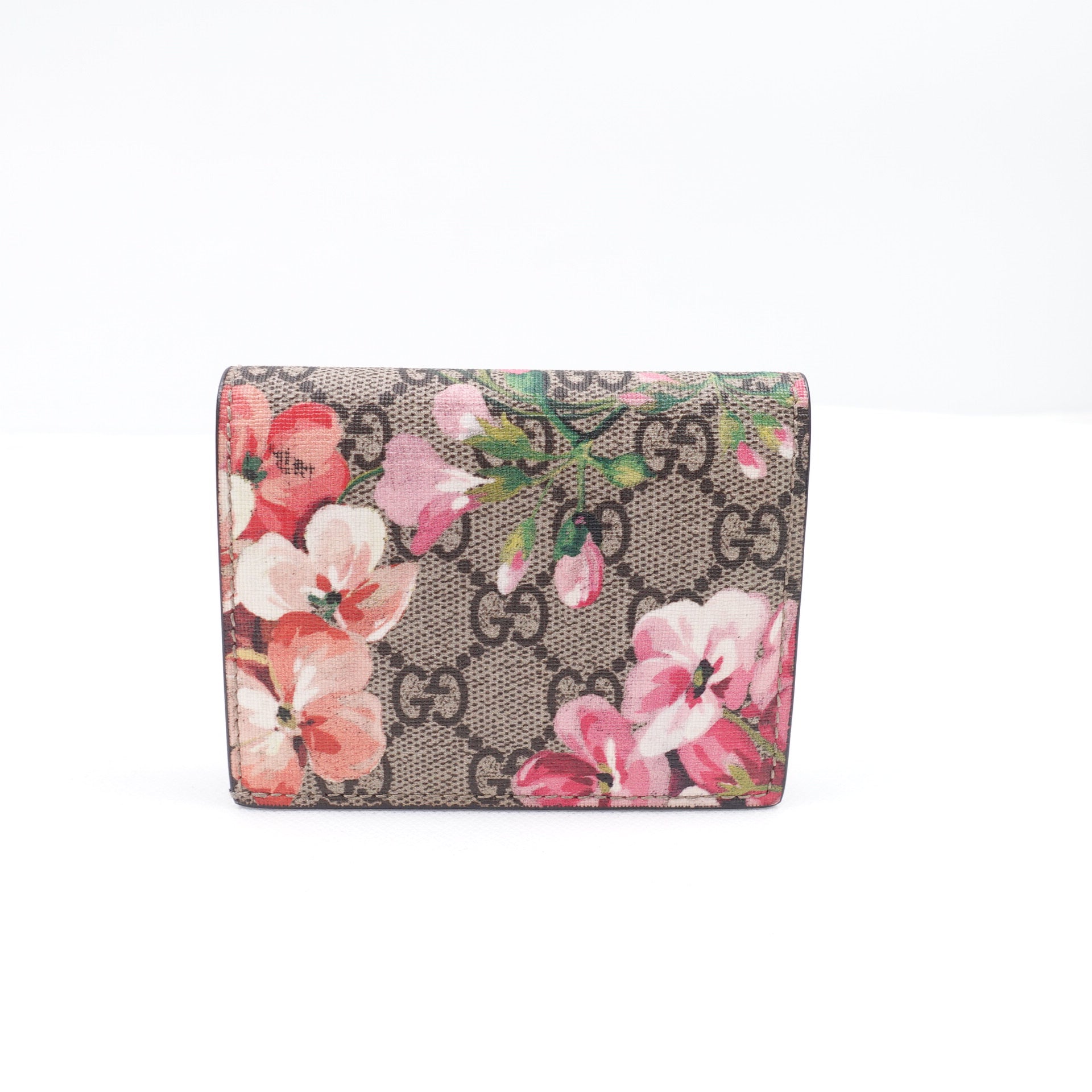 Estuche para tarjetas GG Supreme de lona con monograma Blooms en beige y rosa de segunda mano