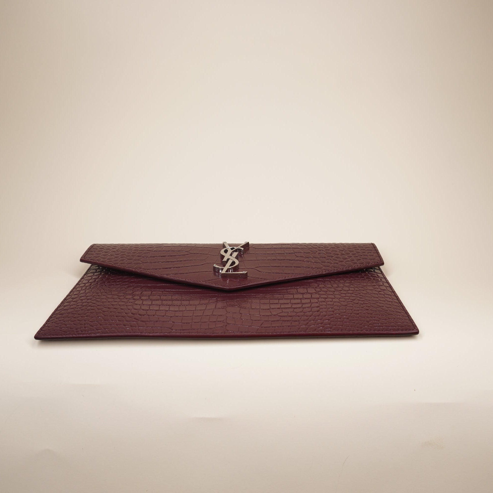 PRE-OWNED Calfskin Crocodile Embossed Uptown Monogram Clutch Burgundy