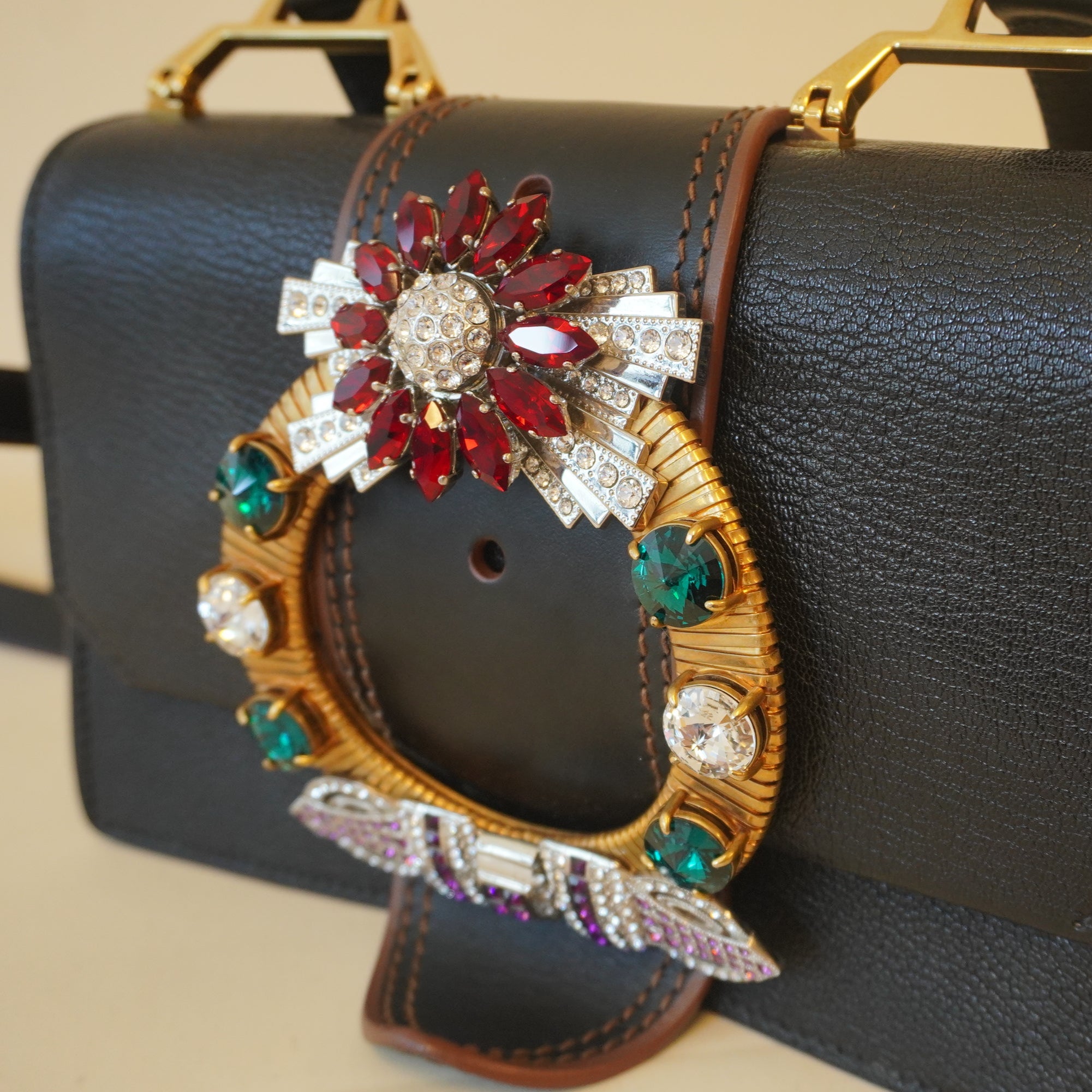 PRE-OWNED Black Goatskin Madras Soft Calf Crystal Embellished Shoulder Bag