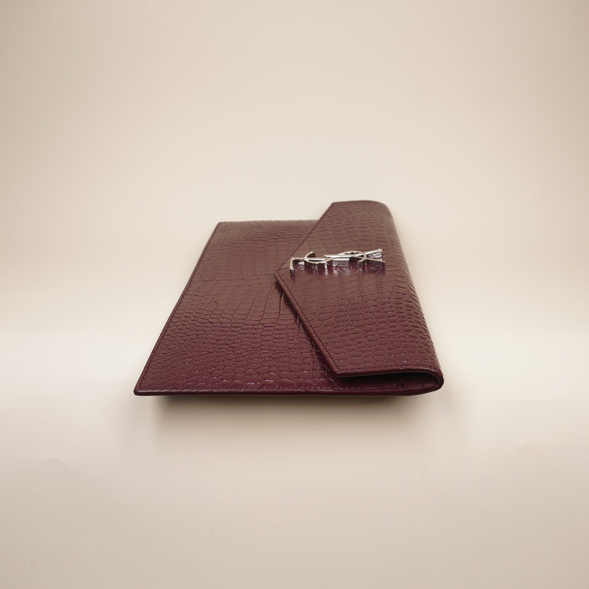 PRE-OWNED Calfskin Crocodile Embossed Uptown Monogram Clutch Burgundy