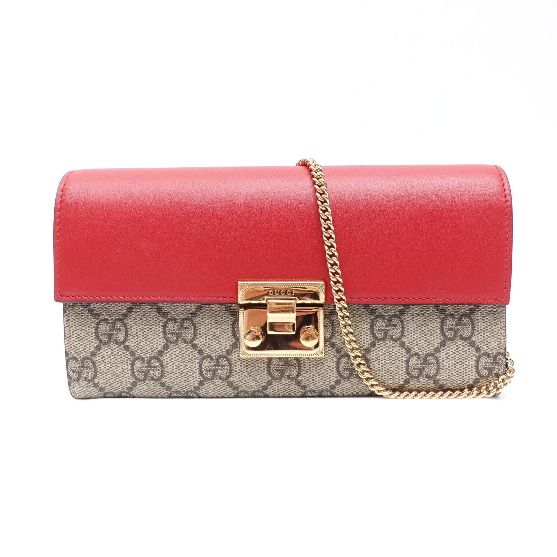 Cartera continental con cadena y candado de piel de becerro con monograma GG Supreme y luna de cuero rojo GG de segunda mano