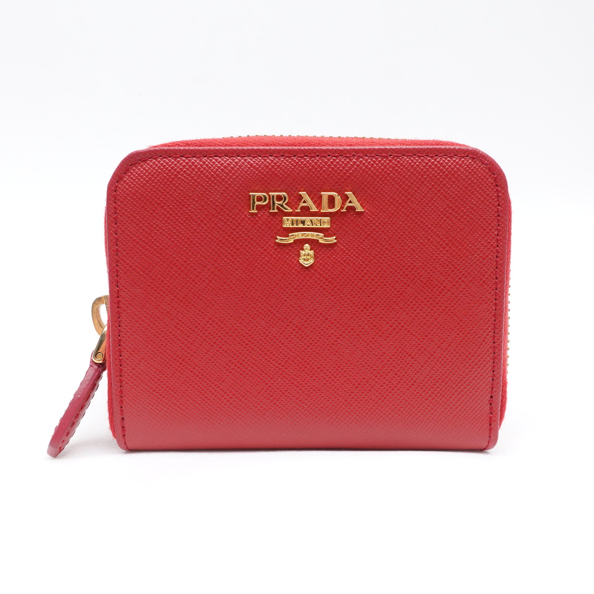 PRE-OWNED Red Saffiano Leather Metal Zip Coin Purse