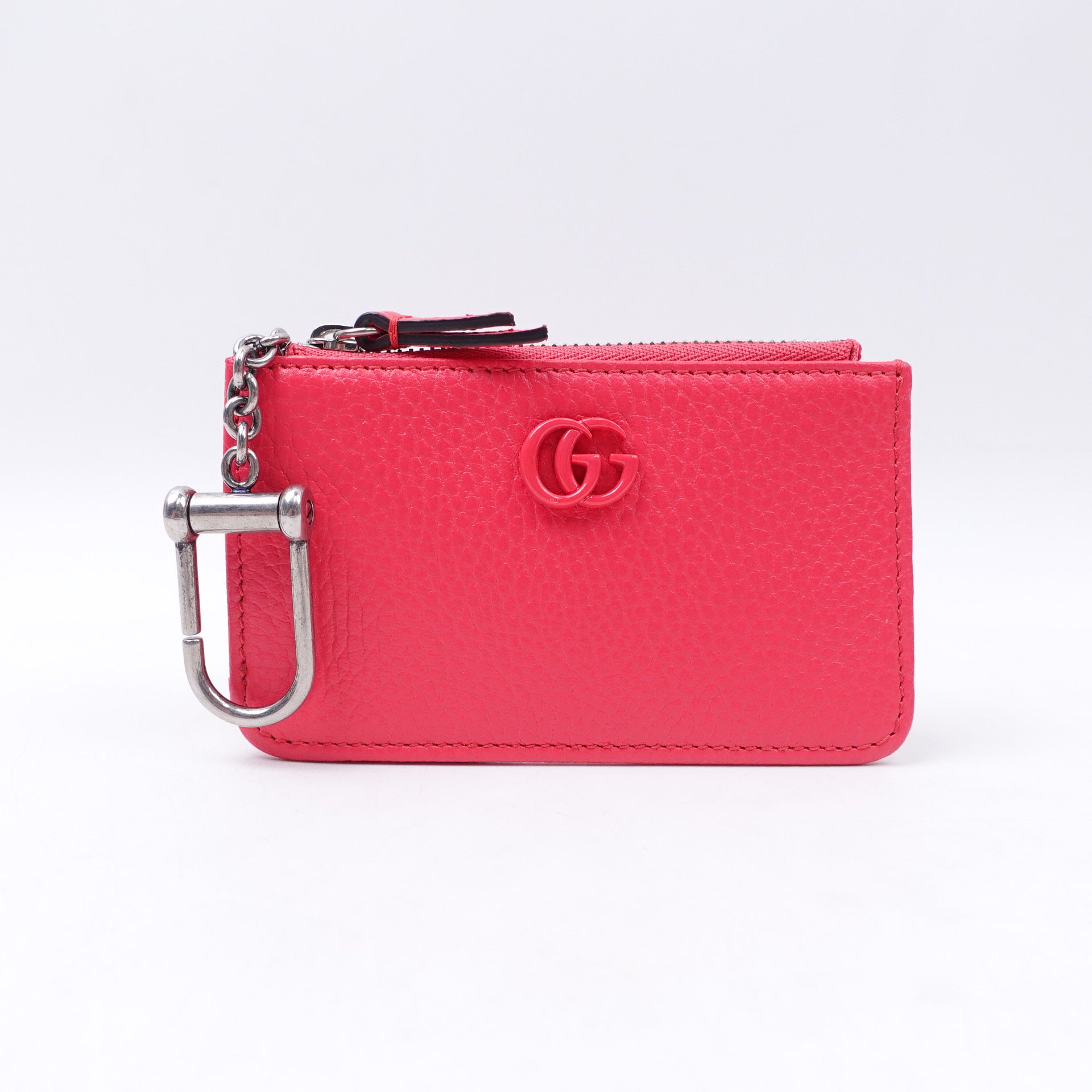 Estuche para llaves y tarjetero Marmont monocromático de piel de becerro esmaltada en color rosa neón GG USADO