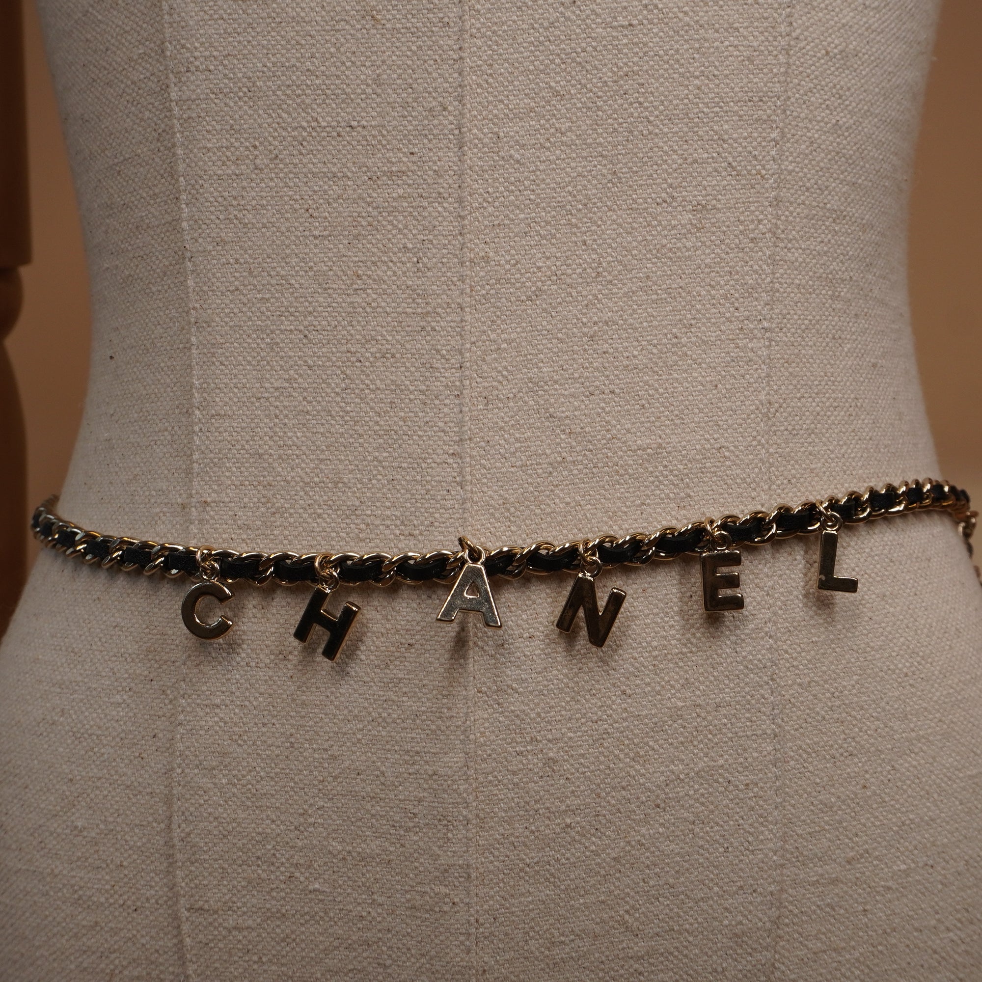 PRE-OWNED CC Gold-Black Chain Belt With CC