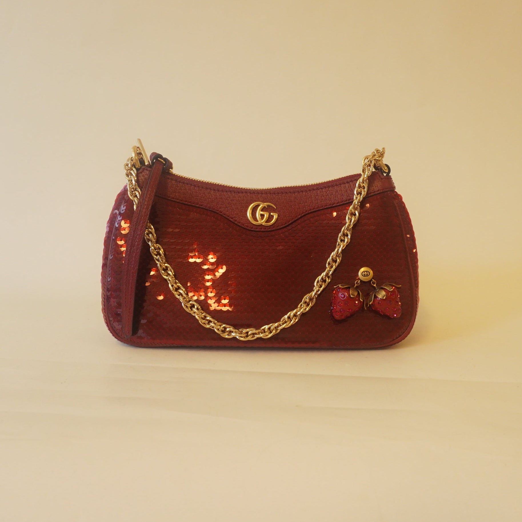 PRE-OWNED GG Red Sequin Strawberry Ophidia Shoulder Bag