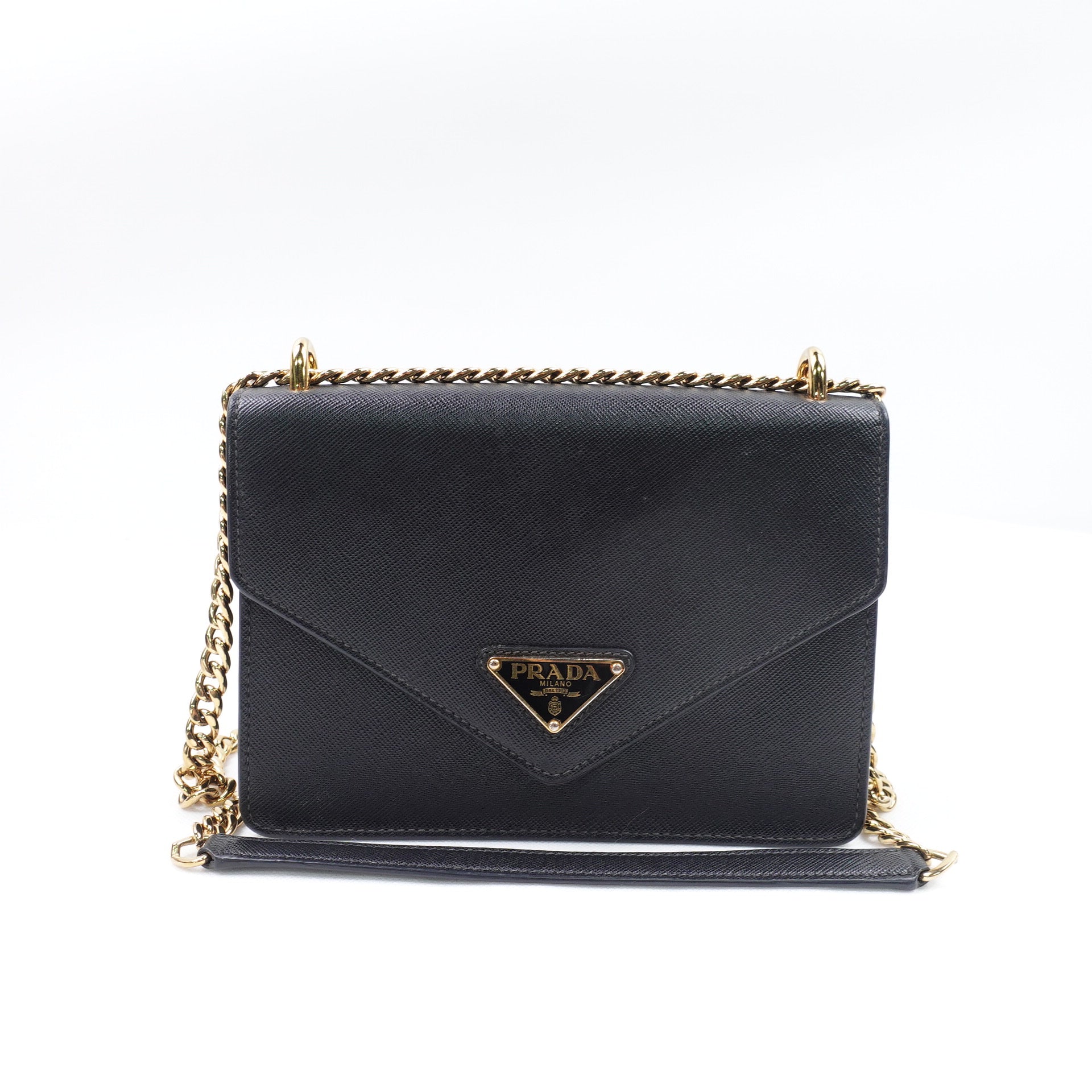 PRE-OWNED Black Saffiano Lux Leather Envelope Chain Shoulder Bag