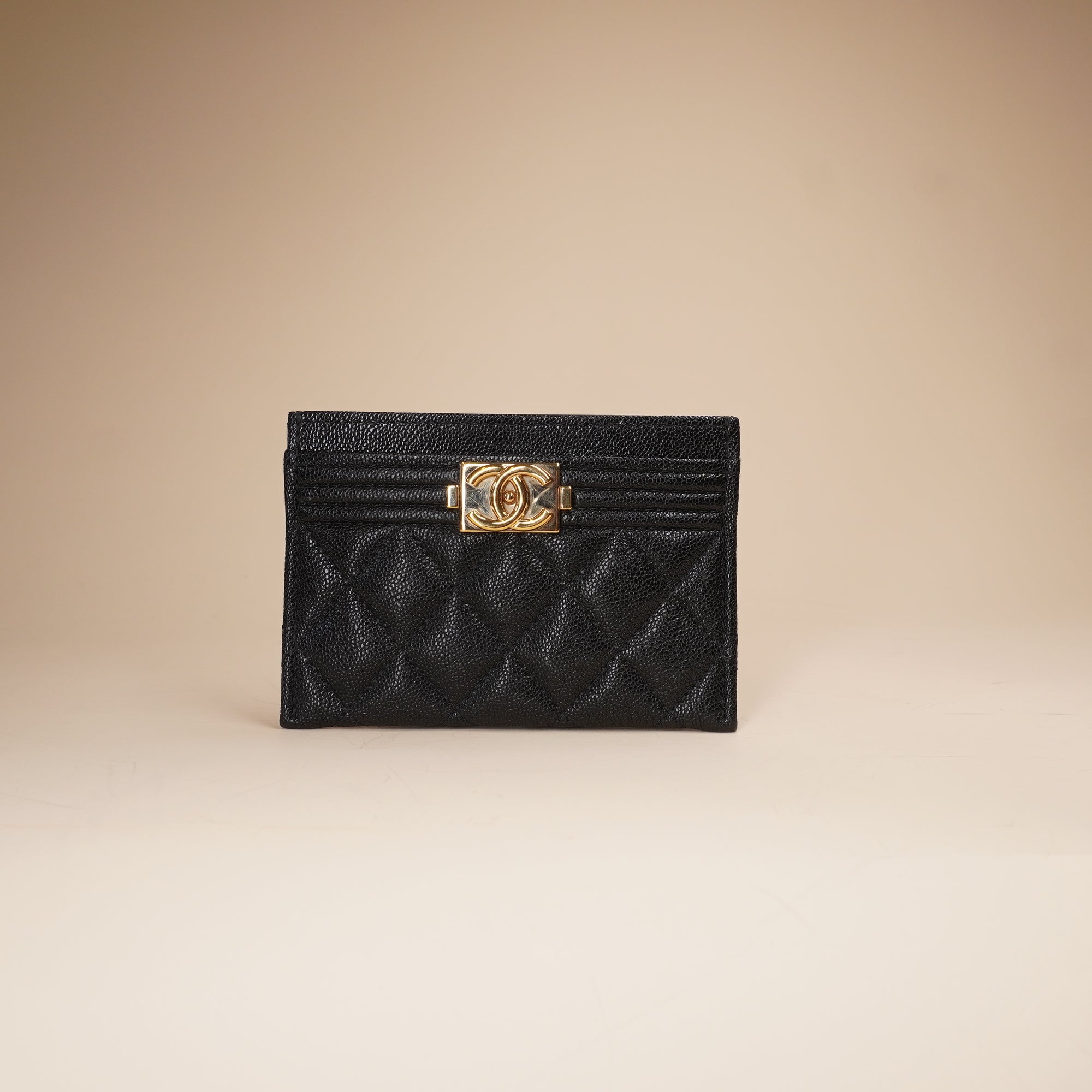 PRE-OWNED CC Black Quilted Caviar Boy Card Holder Pale Gold Hardware