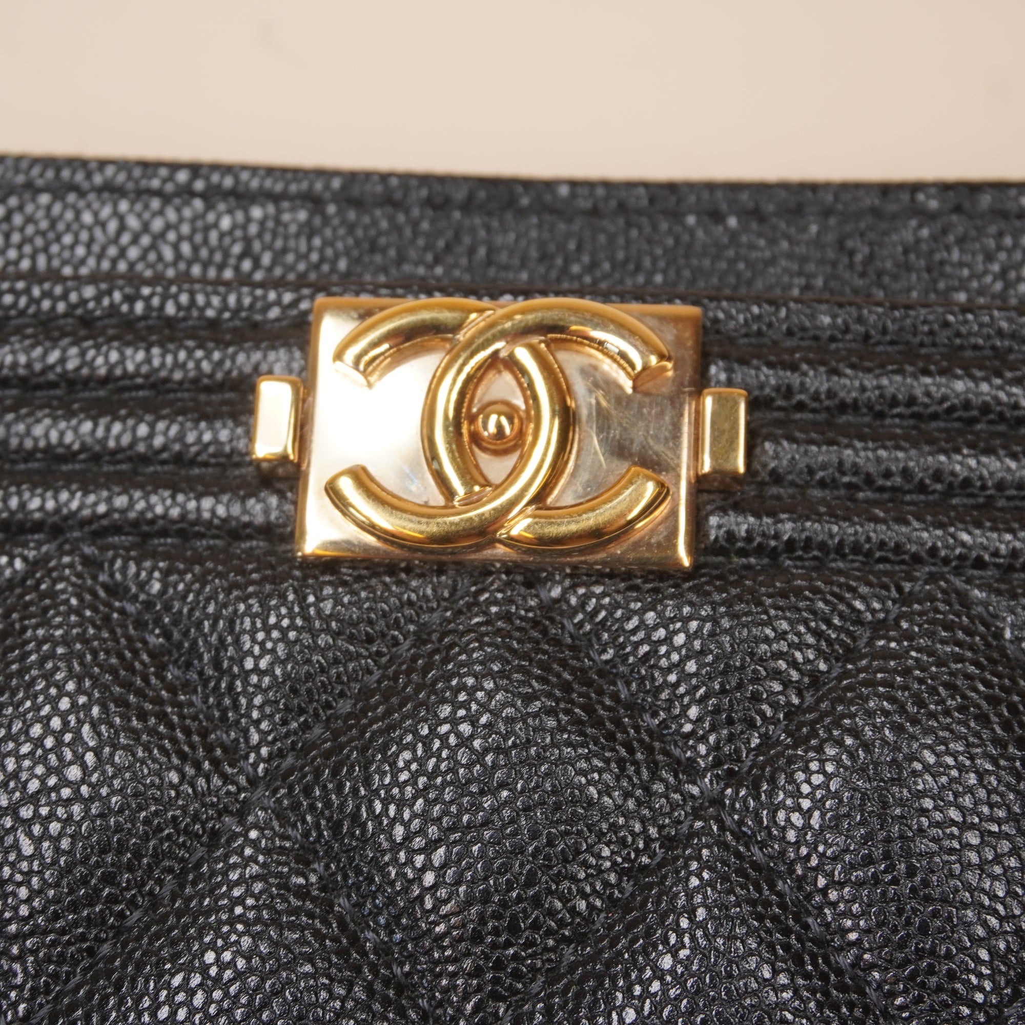 PRE-OWNED CC Black Quilted Caviar Boy Card Holder Pale Gold Hardware