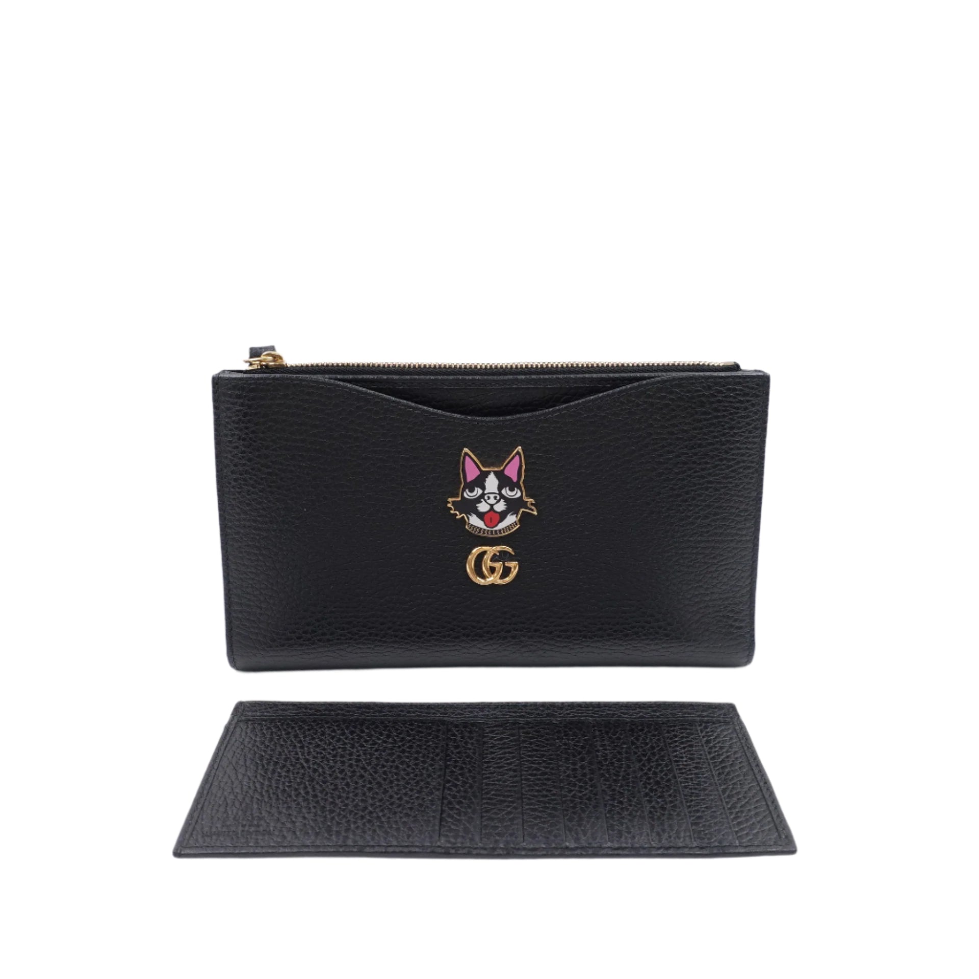 Cartera ancha de piel de vaca con insignia de Bosco Terrier de cuero negro GG de segunda mano