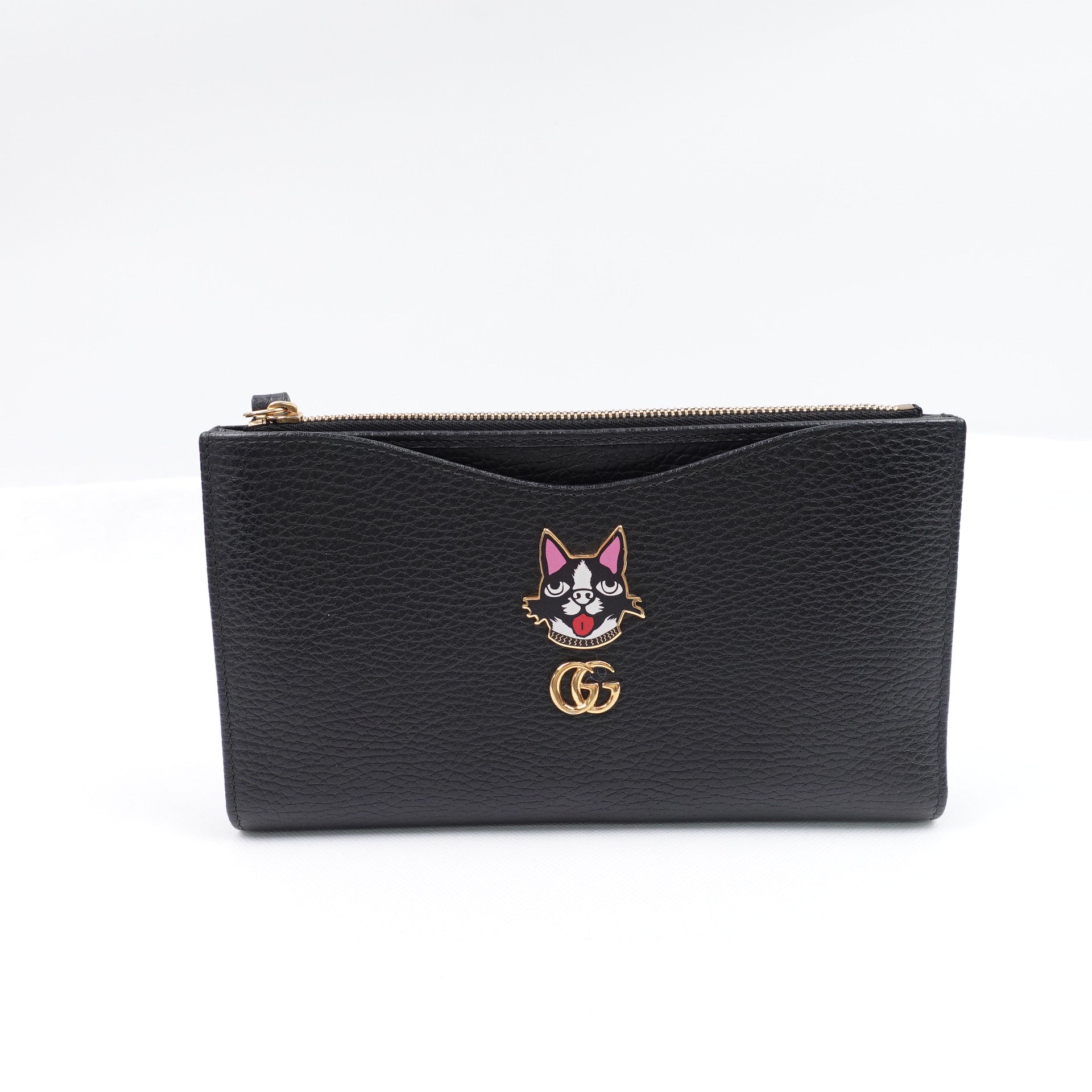 Cartera ancha de piel de vaca con insignia de Bosco Terrier de cuero negro GG de segunda mano