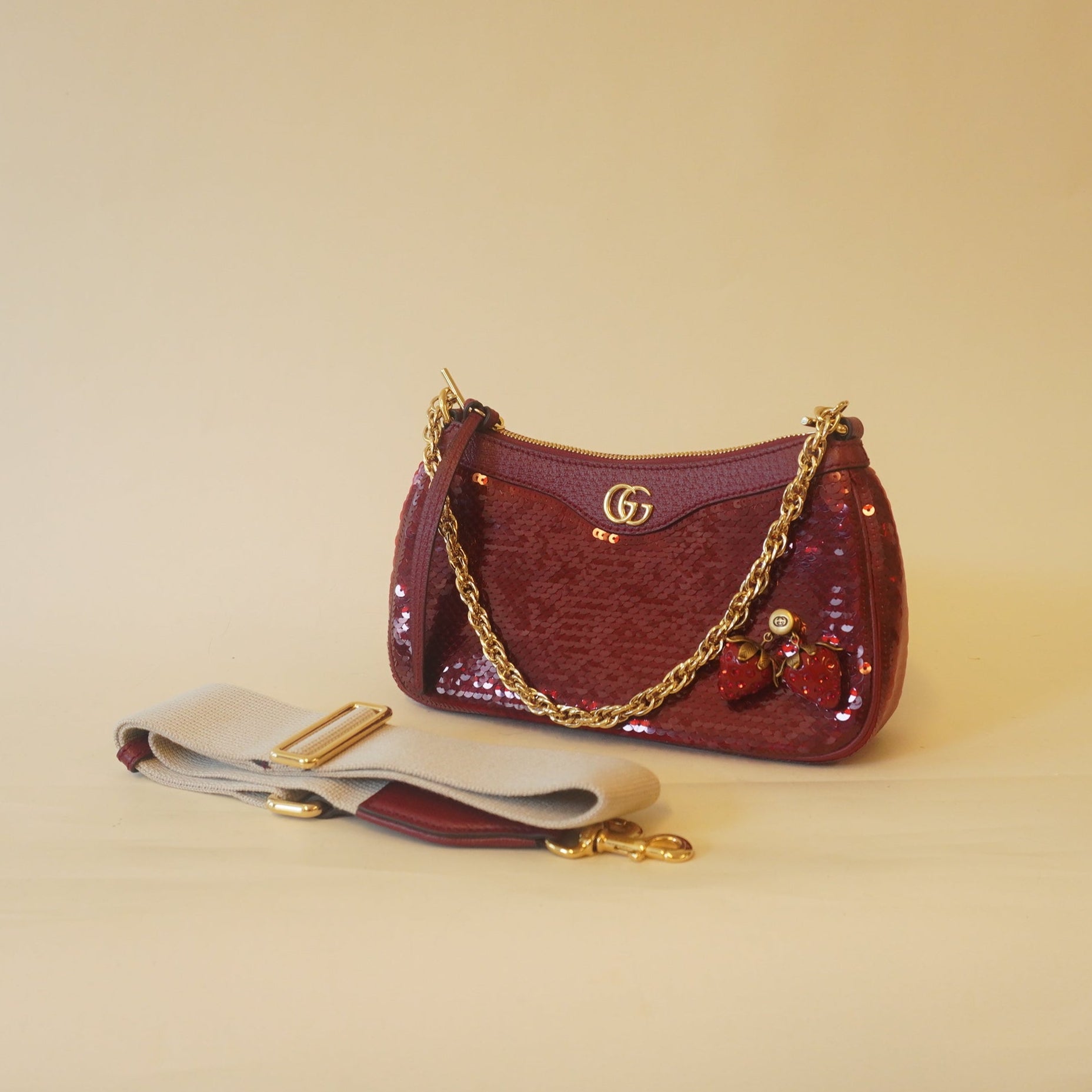 PRE-OWNED GG Red Sequin Strawberry Ophidia Shoulder Bag