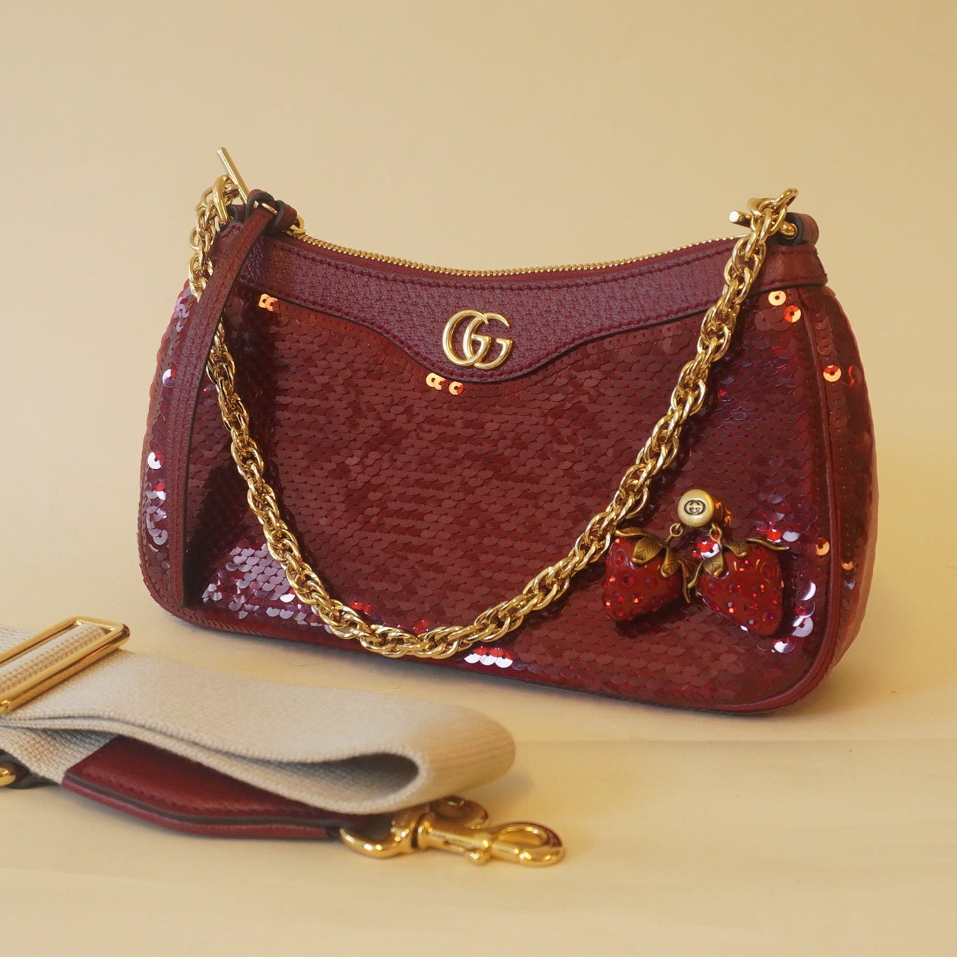 PRE-OWNED GG Red Sequin Strawberry Ophidia Shoulder Bag