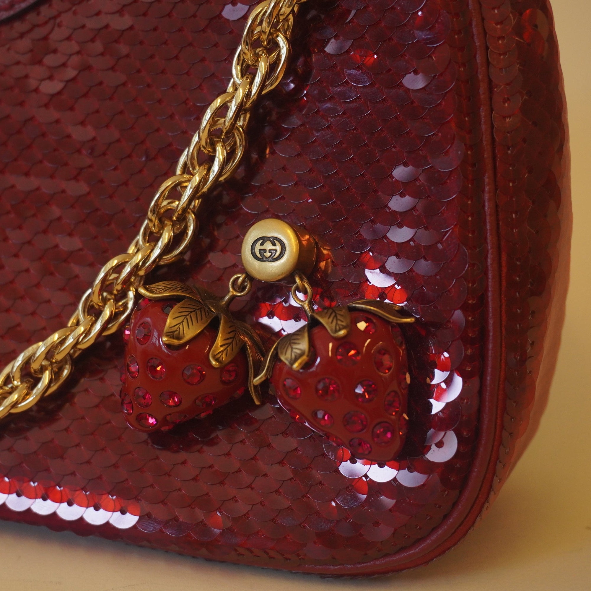 PRE-OWNED GG Red Sequin Strawberry Ophidia Shoulder Bag