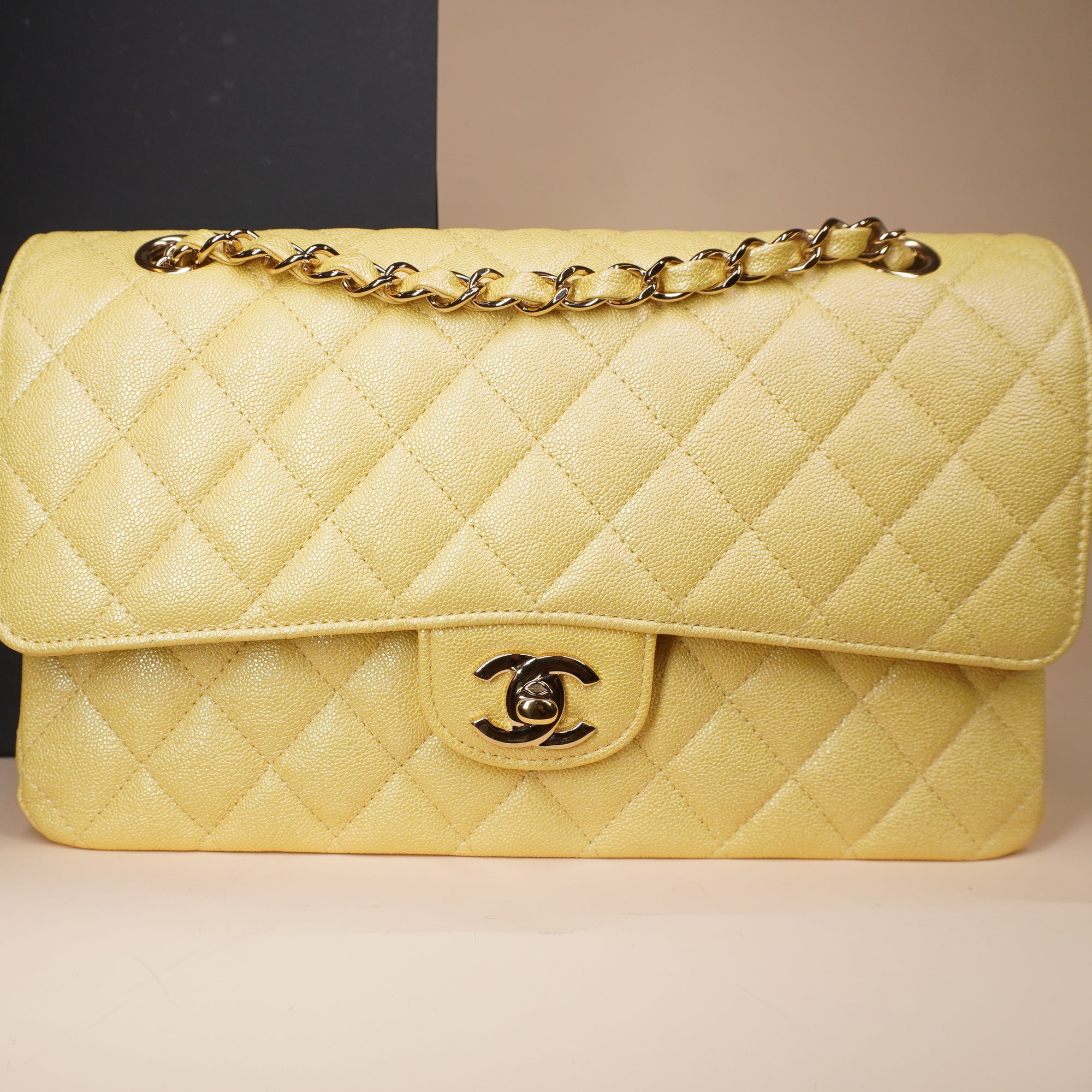 PRE-OWNED Caviar Quilted Medium Double Flap Light Yellow