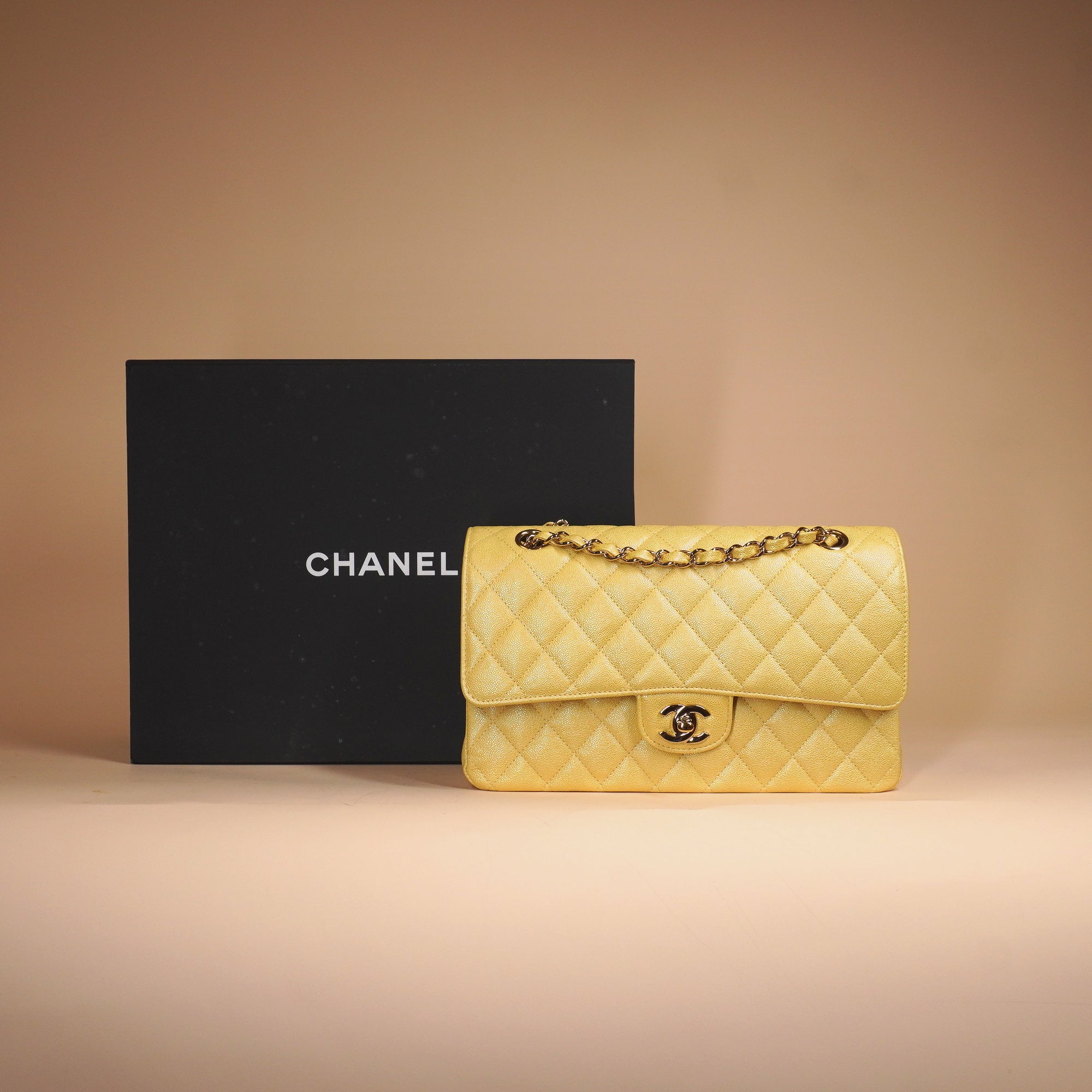 PRE-OWNED Caviar Quilted Medium Double Flap Light Yellow