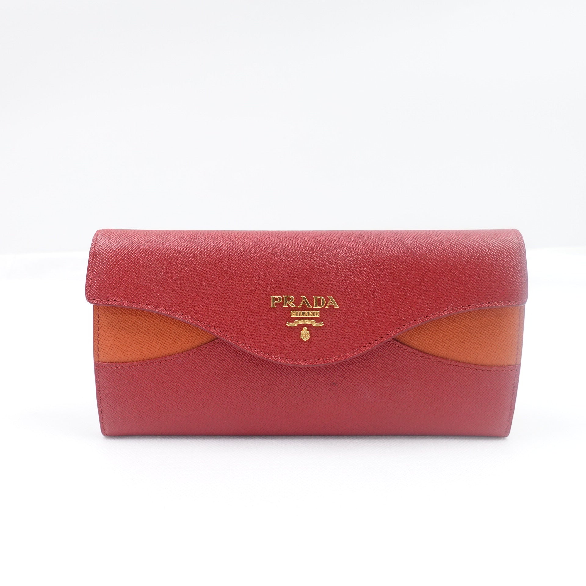 PRE-OWNED Saffiano Wave Continental Flap Wallet Fuoco Papaya