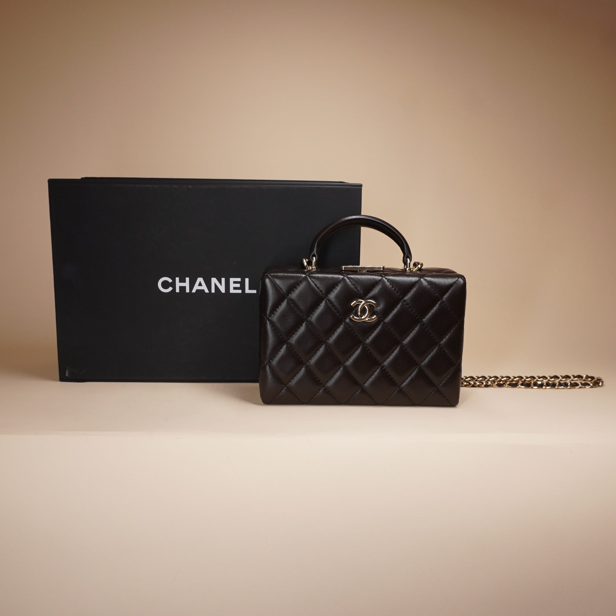 PRE-OWEND CC Small Box Dark Brown Crossbody Bag