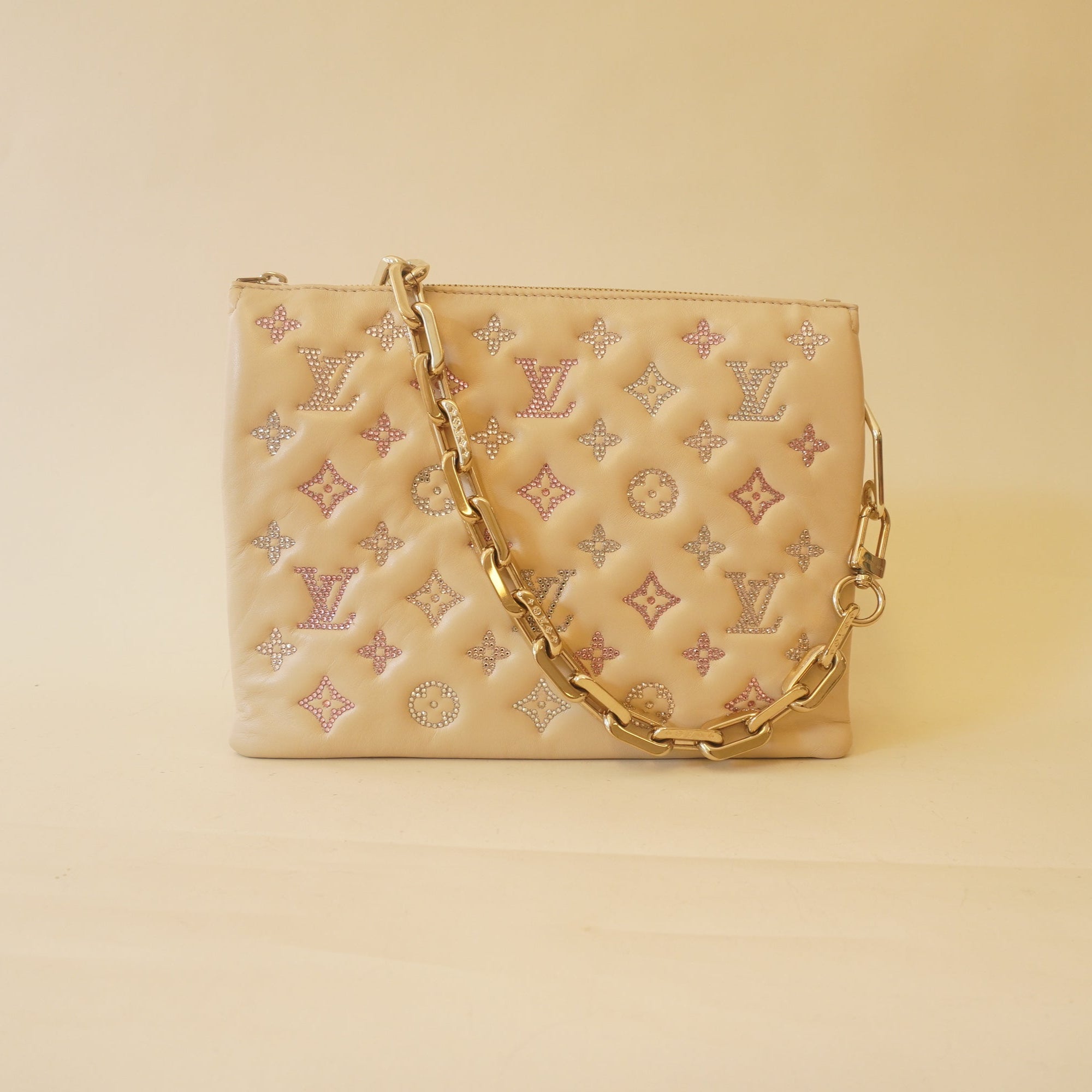 PRE-OWNED Crystal Coussin PM Beige Lambskin Leather Shoulder Bag