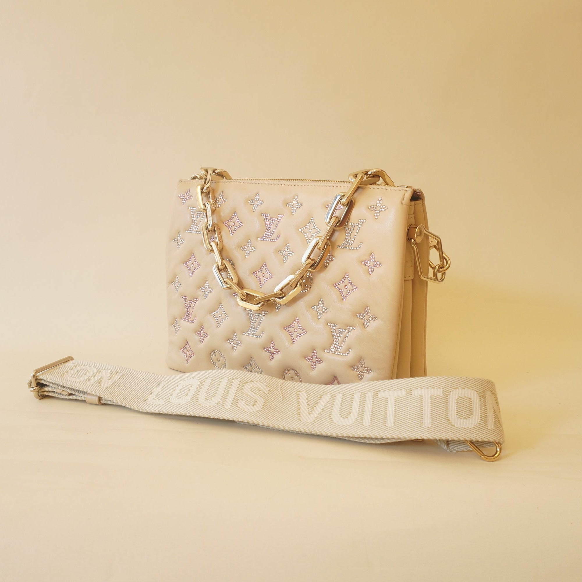 PRE-OWNED Crystal Coussin PM Beige Lambskin Leather Shoulder Bag