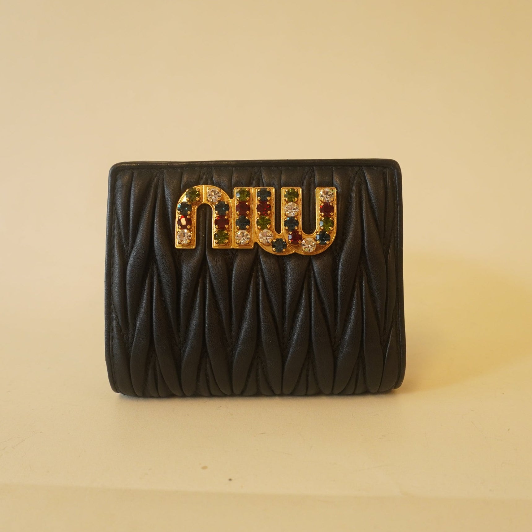 PRE-OWNED Nappa Matelasse Crystal Logo Compact Wallet Black