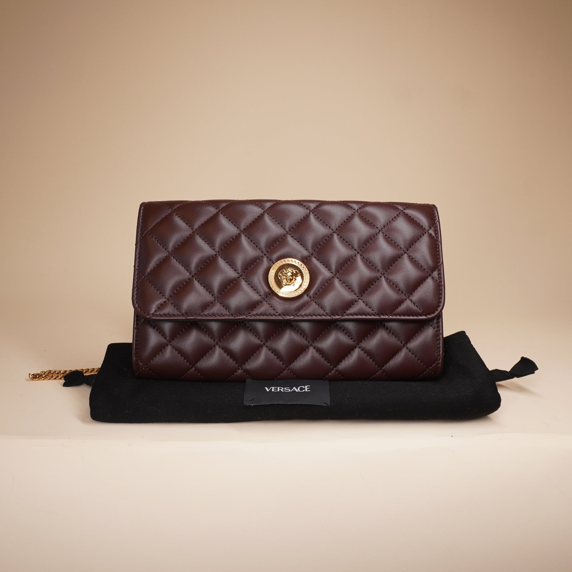 PRE-OWNED Brown Lambskin Quilted Medusa Wallet On Chain Crossbody Bag