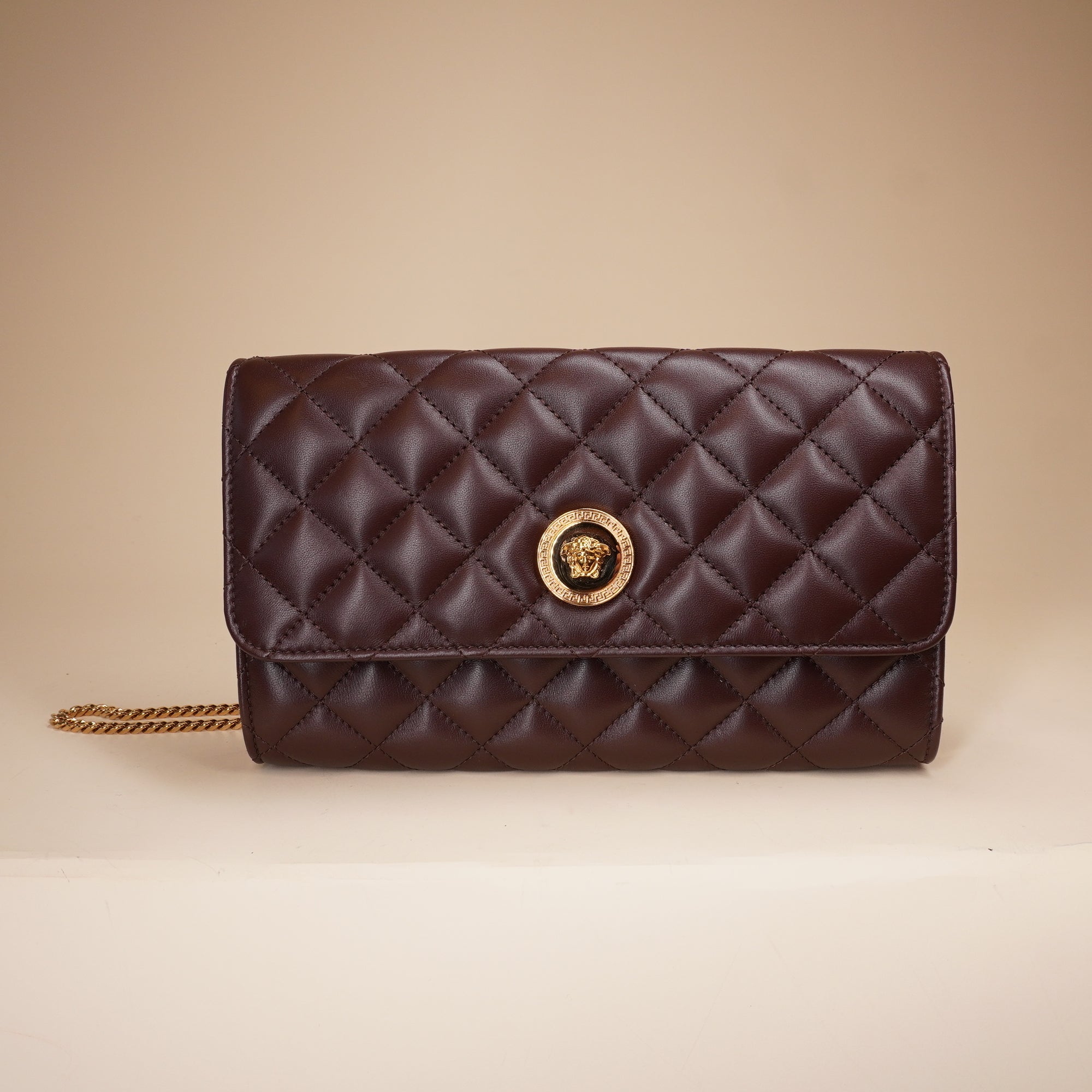 PRE-OWNED Brown Lambskin Quilted Medusa Wallet On Chain Crossbody Bag
