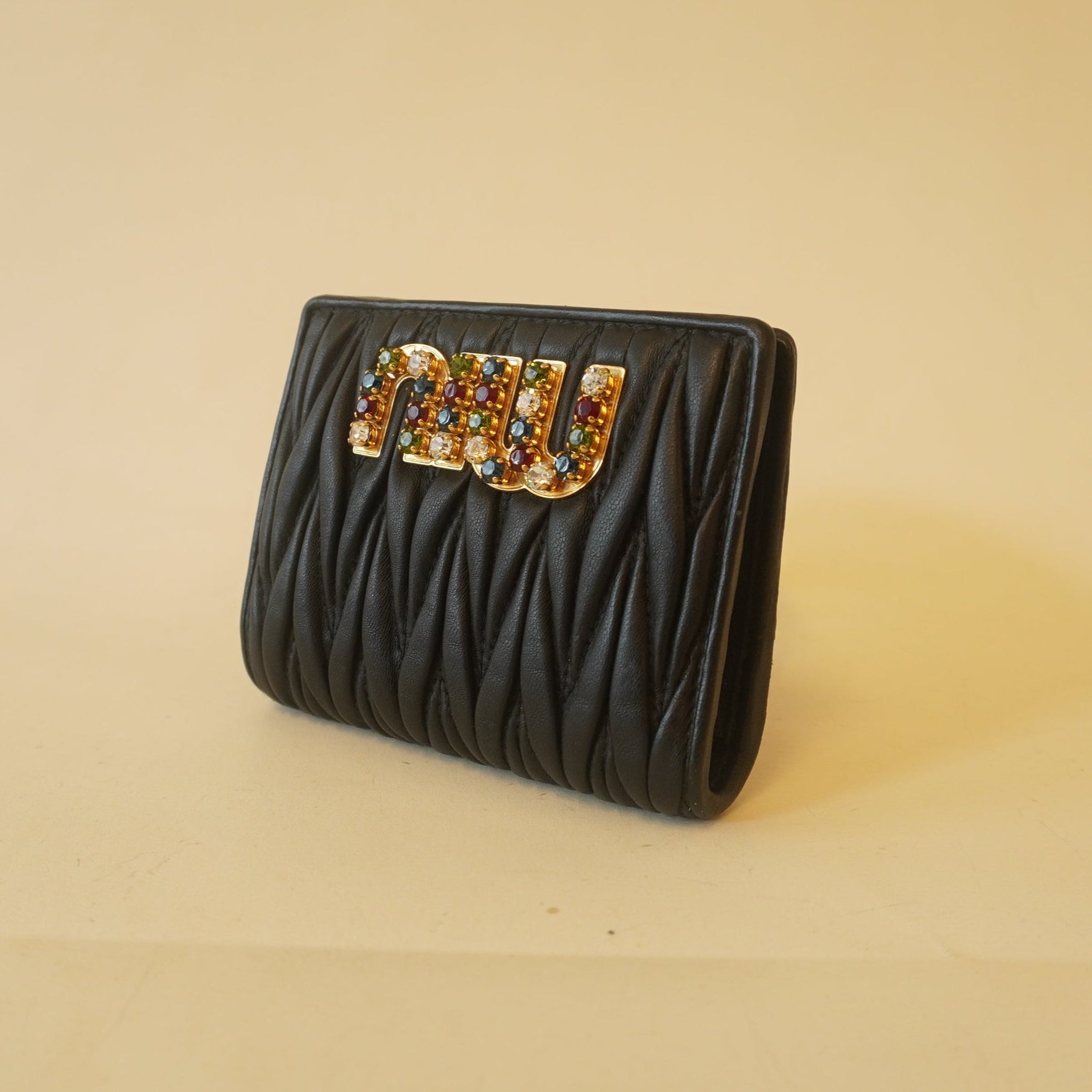 PRE-OWNED Nappa Matelasse Crystal Logo Compact Wallet Black