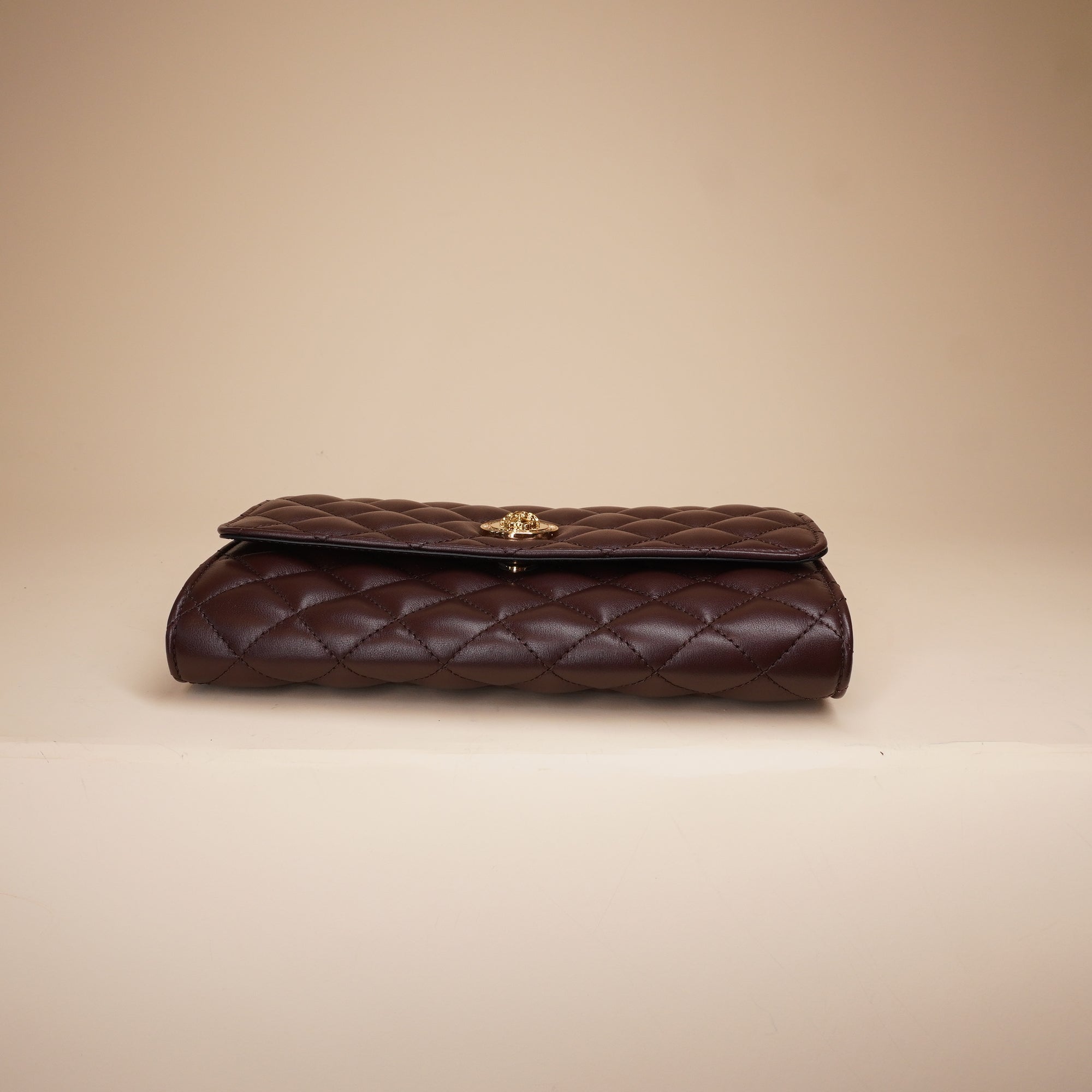 PRE-OWNED Brown Lambskin Quilted Medusa Wallet On Chain Crossbody Bag