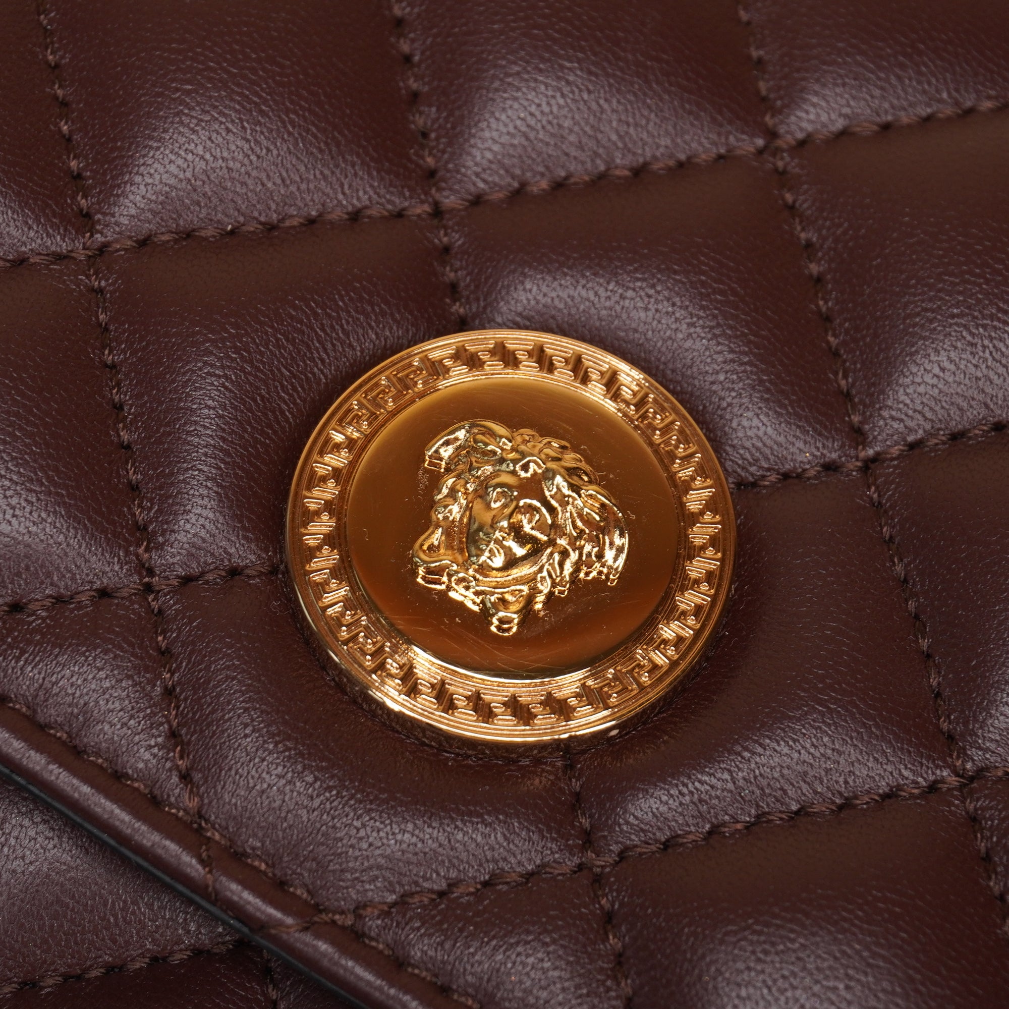 PRE-OWNED Brown Lambskin Quilted Medusa Wallet On Chain Crossbody Bag