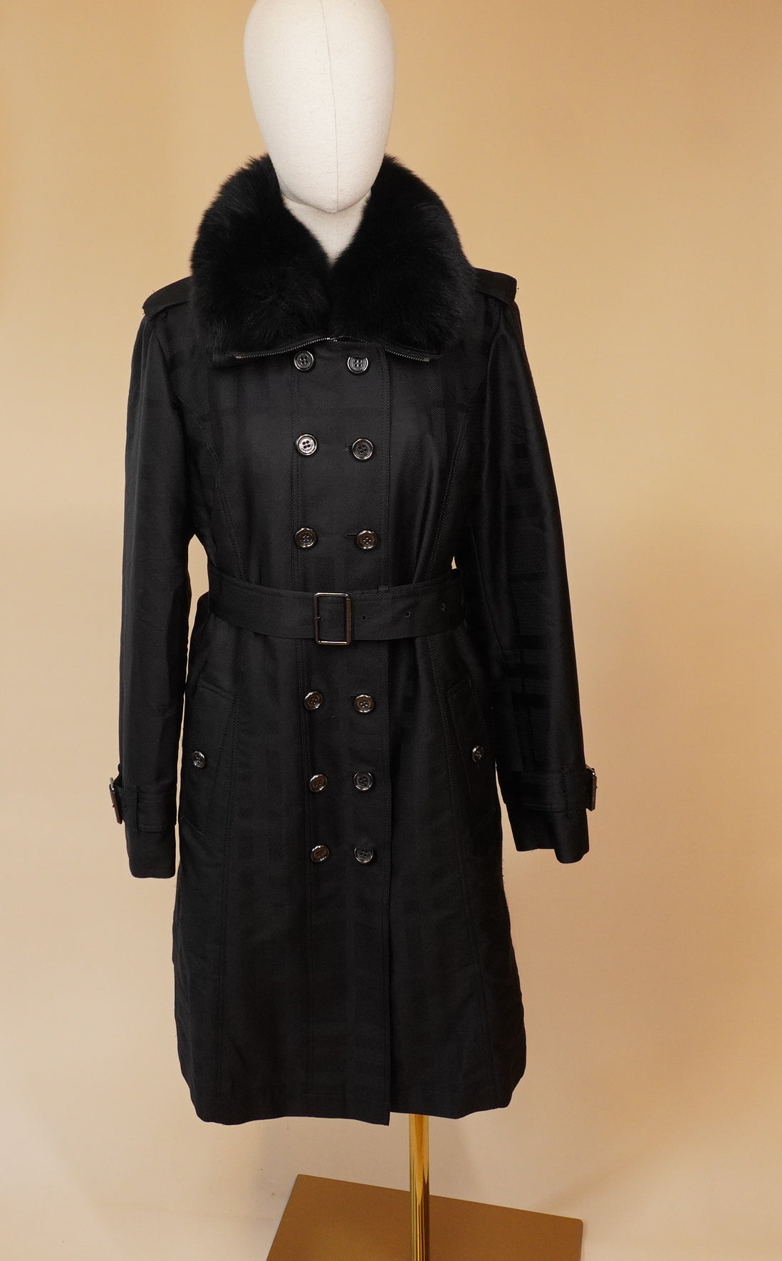 PRE-OWNED Fur-Trimmed Double-Breasted Trench Coat SIZE MEDIUM