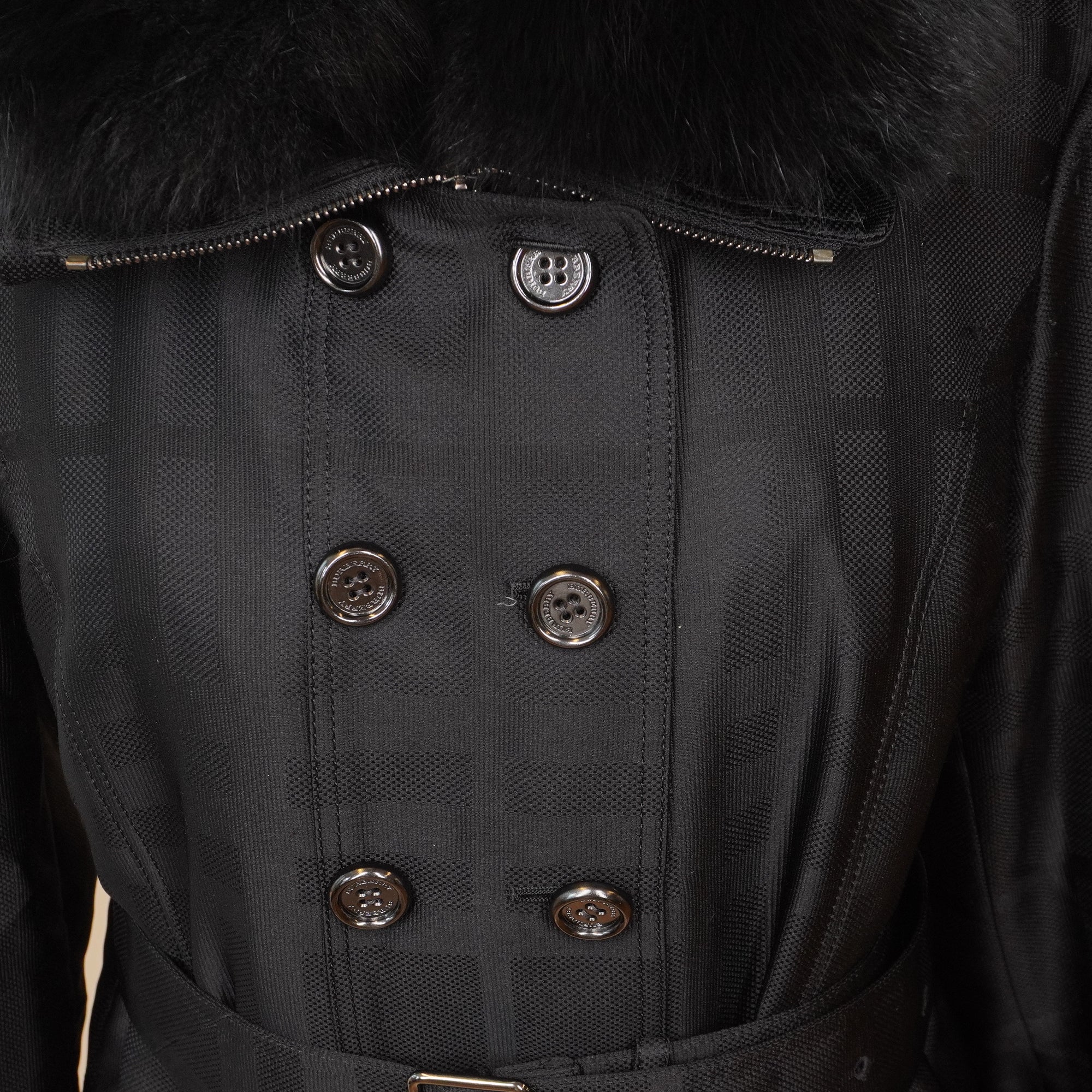 PRE-OWNED Fur-Trimmed Double-Breasted Trench Coat SIZE MEDIUM