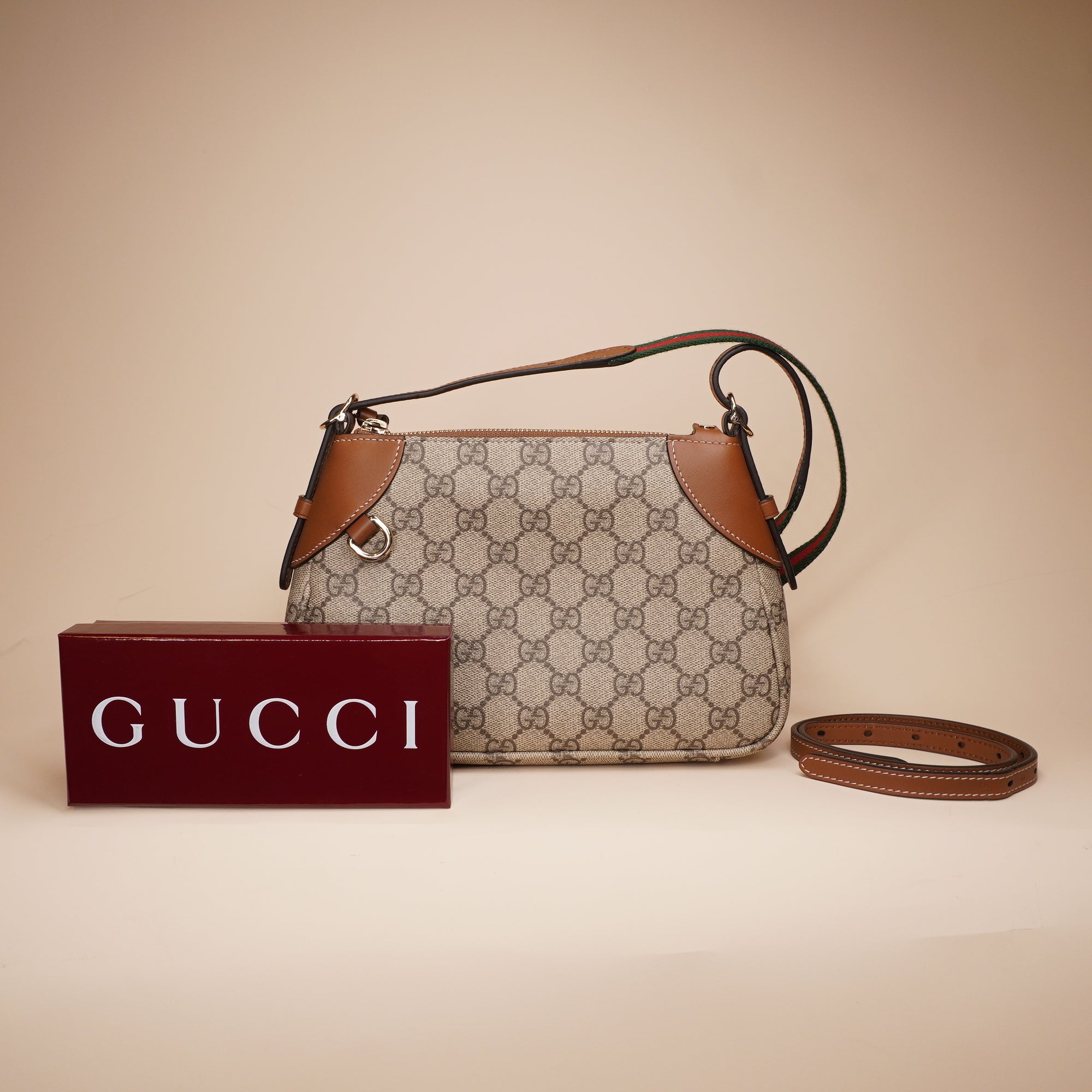 PRE-OWNED GG Supreme Monogram Textured Calfskin Small Emblem Shoulder Bag Beige Dark Brown