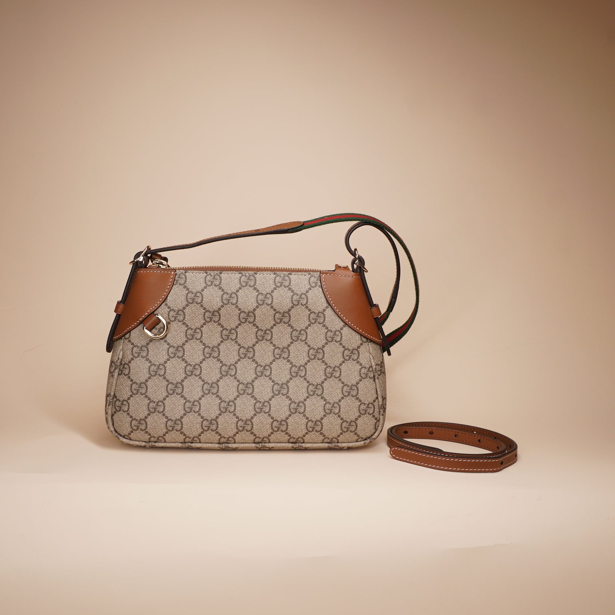 PRE-OWNED GG Supreme Monogram Textured Calfskin Small Emblem Shoulder Bag Beige Dark Brown