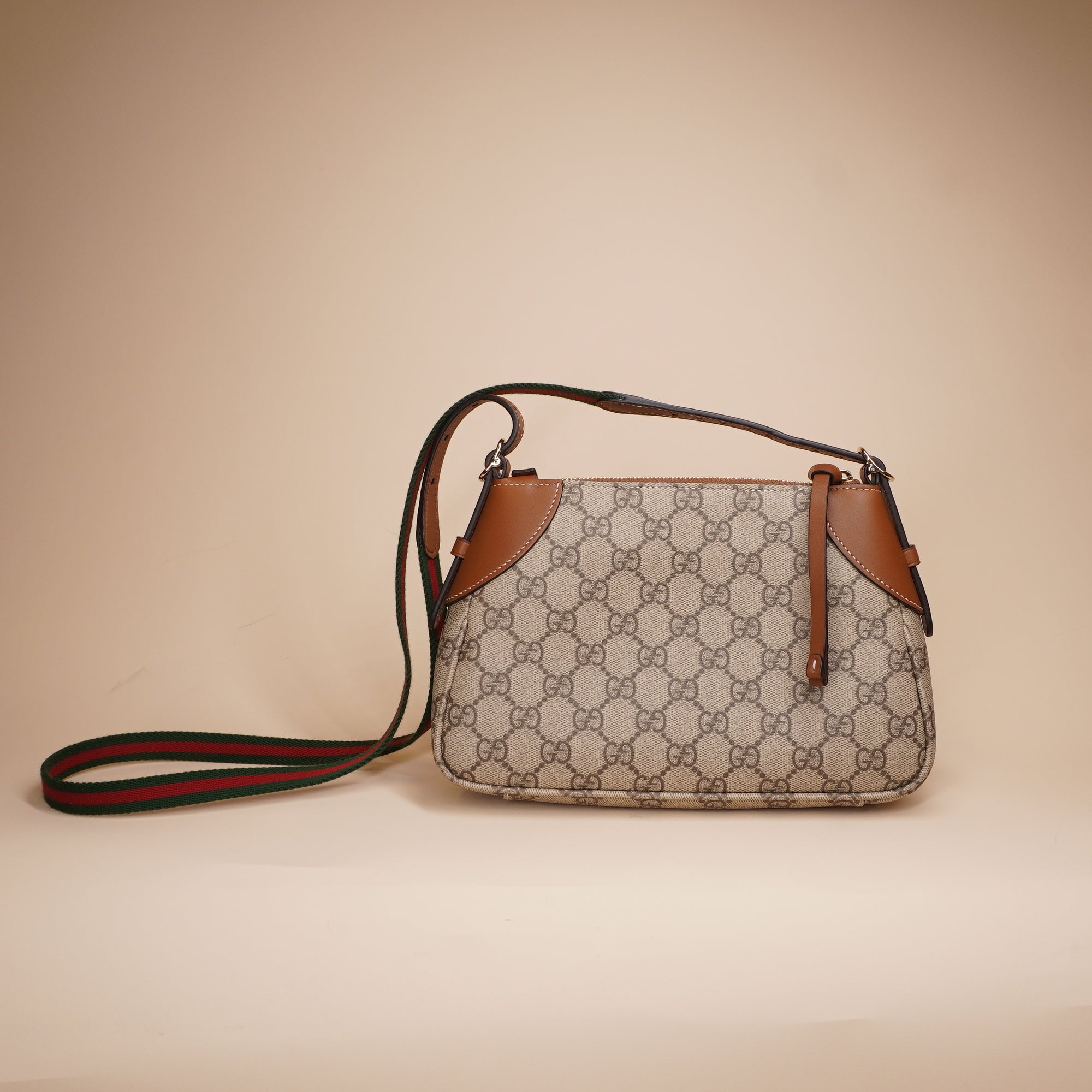 PRE-OWNED GG Supreme Monogram Textured Calfskin Small Emblem Shoulder Bag Beige Dark Brown