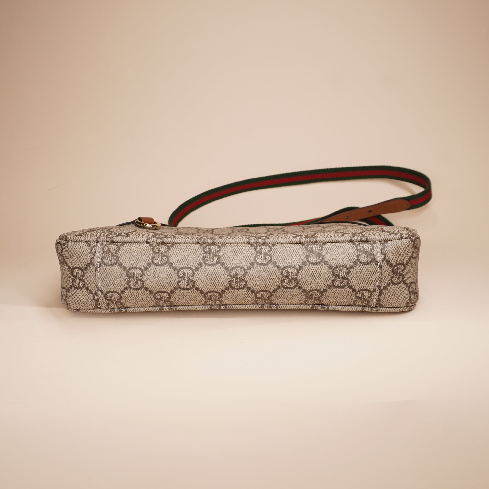 PRE-OWNED GG Supreme Monogram Textured Calfskin Small Emblem Shoulder Bag Beige Dark Brown