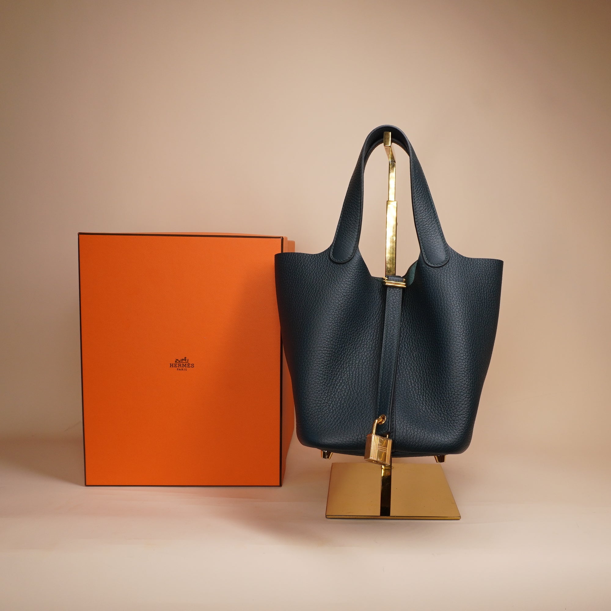 PRE-OWNED Picotin Leather Mini Bag Navy in Leather