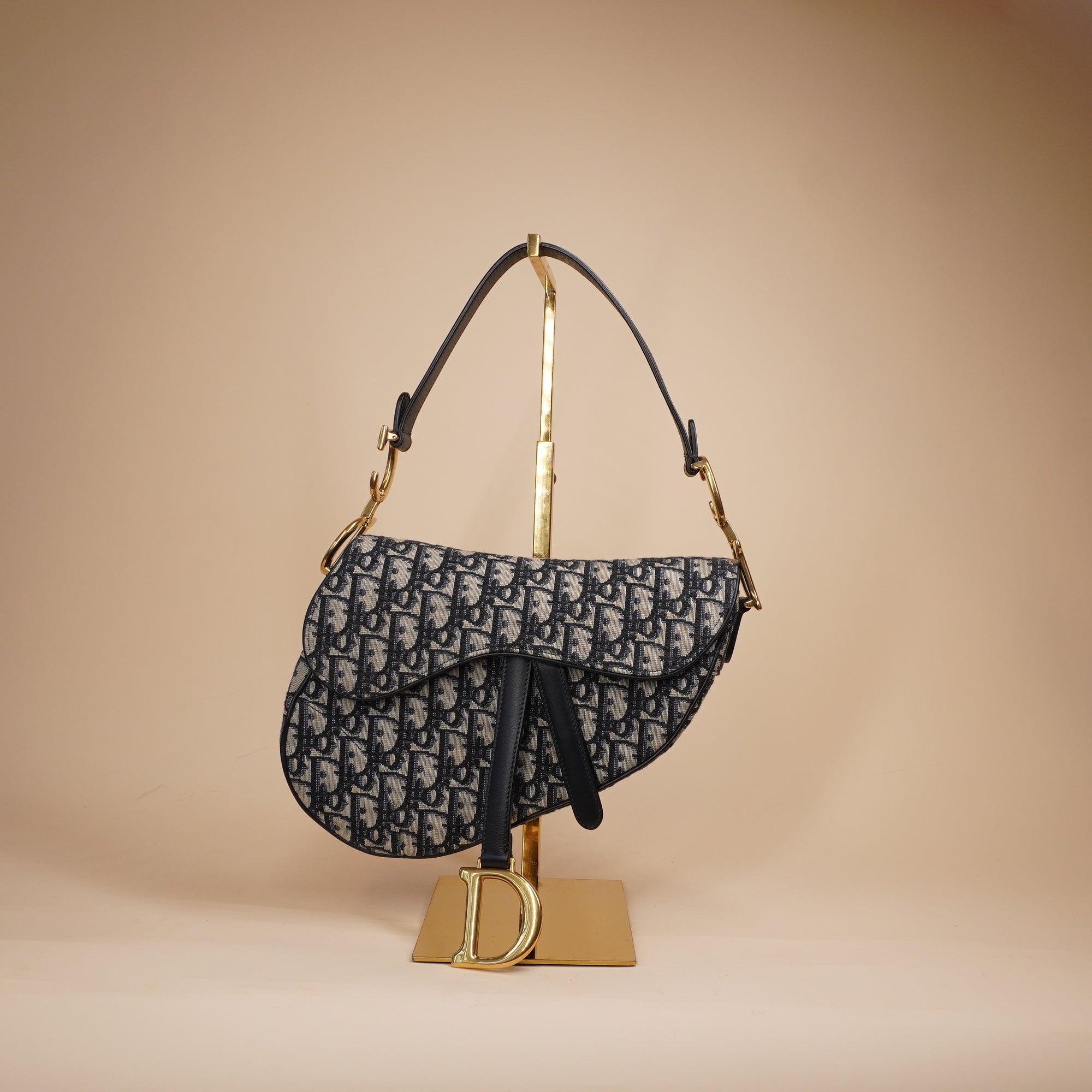 PRE-OWNED Saddle Bag Mini Blue Oblique Jacquard With Shoulder Strap