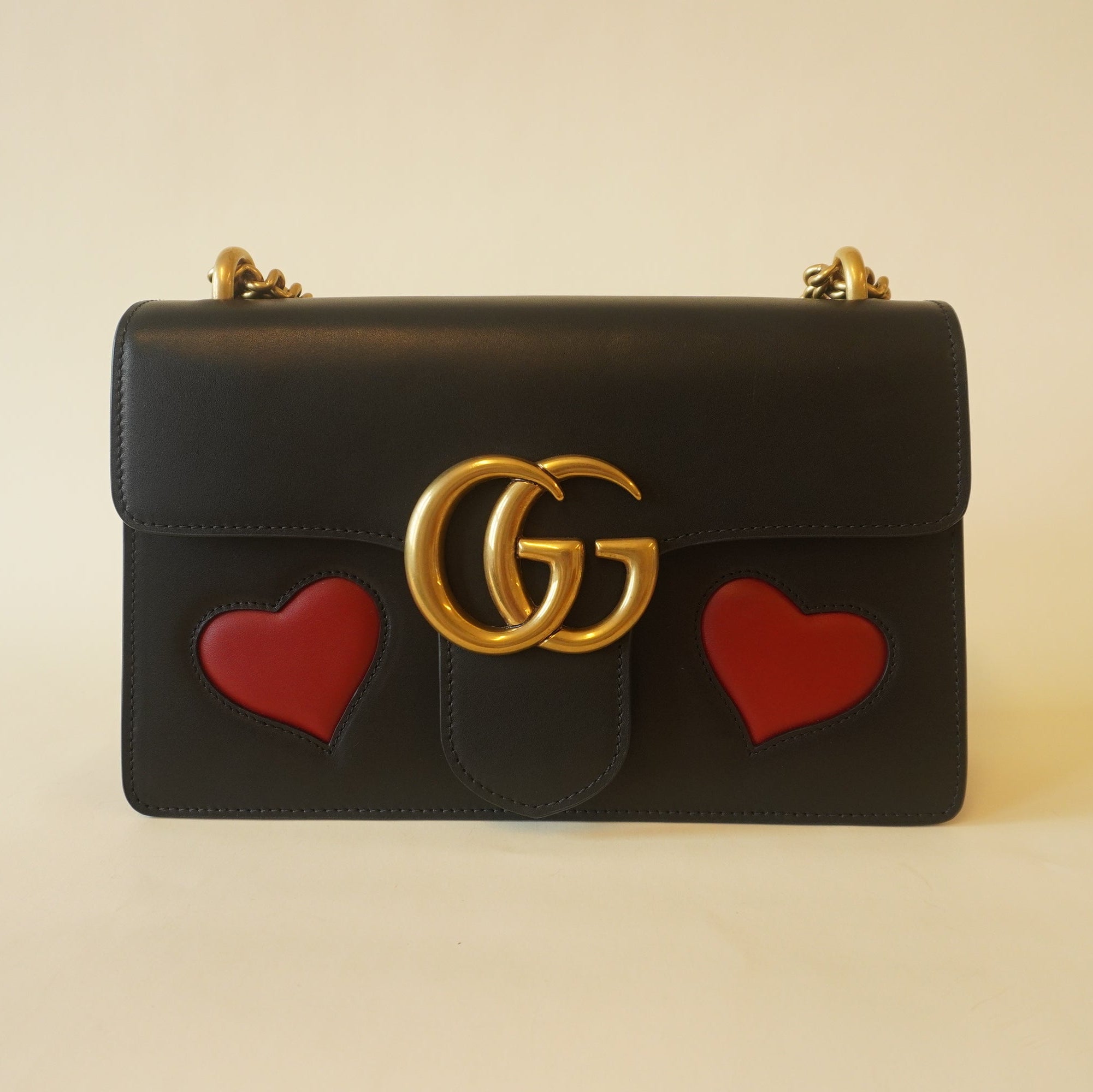 PRE-OWNED GG Black Knight Calfskin Malaga Kid Heart Medium Shoulder Bag