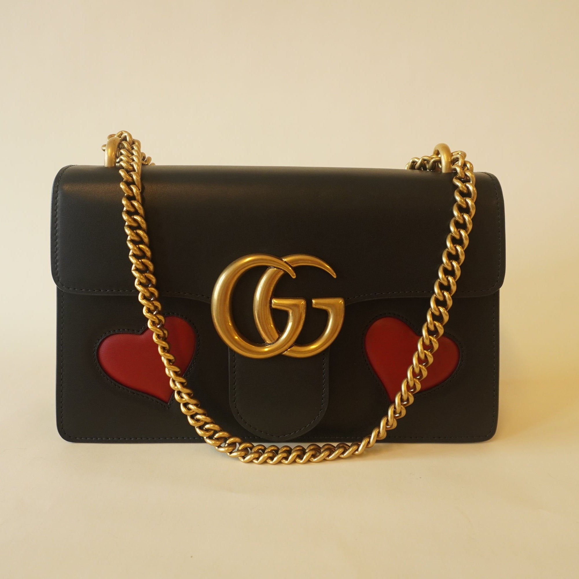 PRE-OWNED GG Black Knight Calfskin Malaga Kid Heart Medium Shoulder Bag