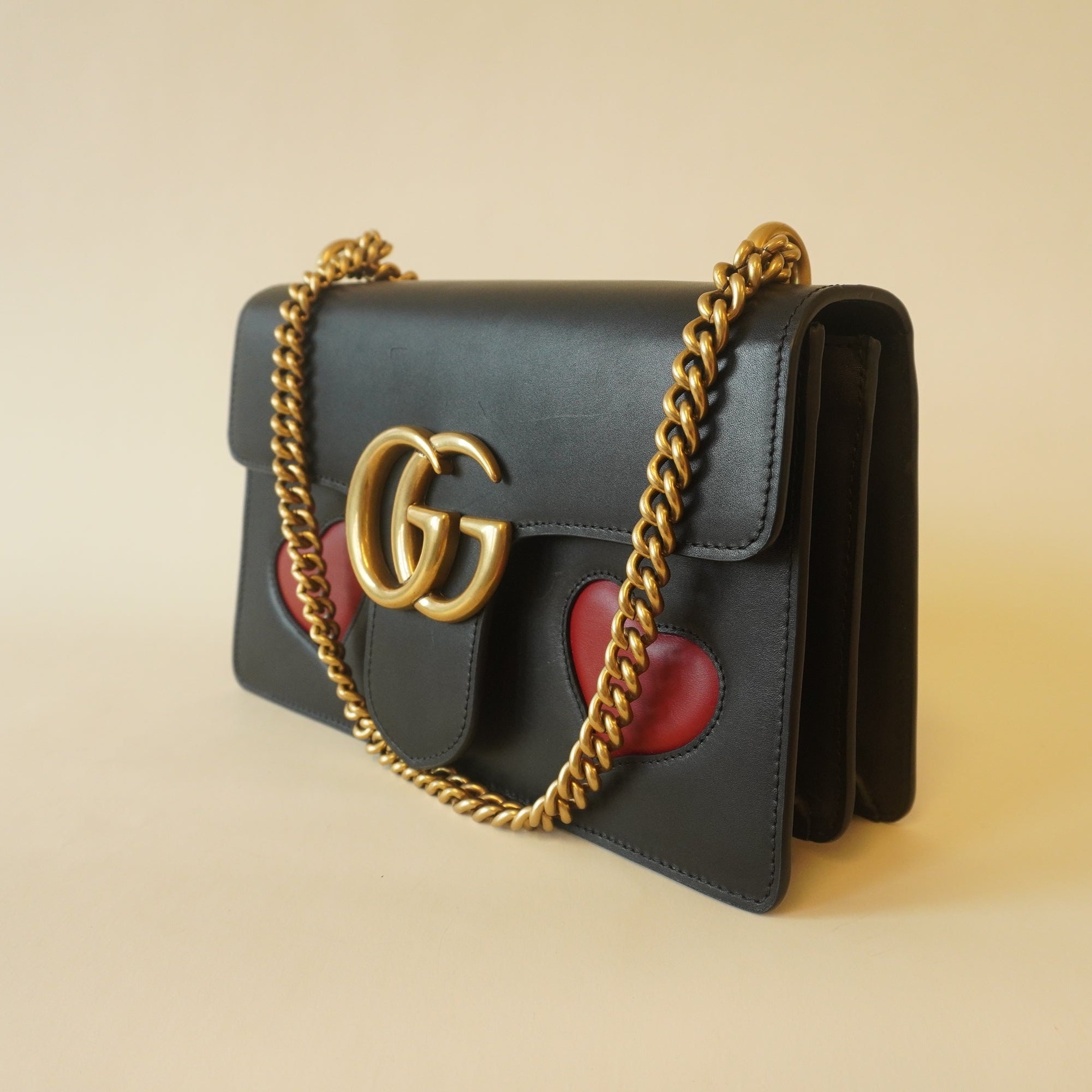 PRE-OWNED GG Black Knight Calfskin Malaga Kid Heart Medium Shoulder Bag