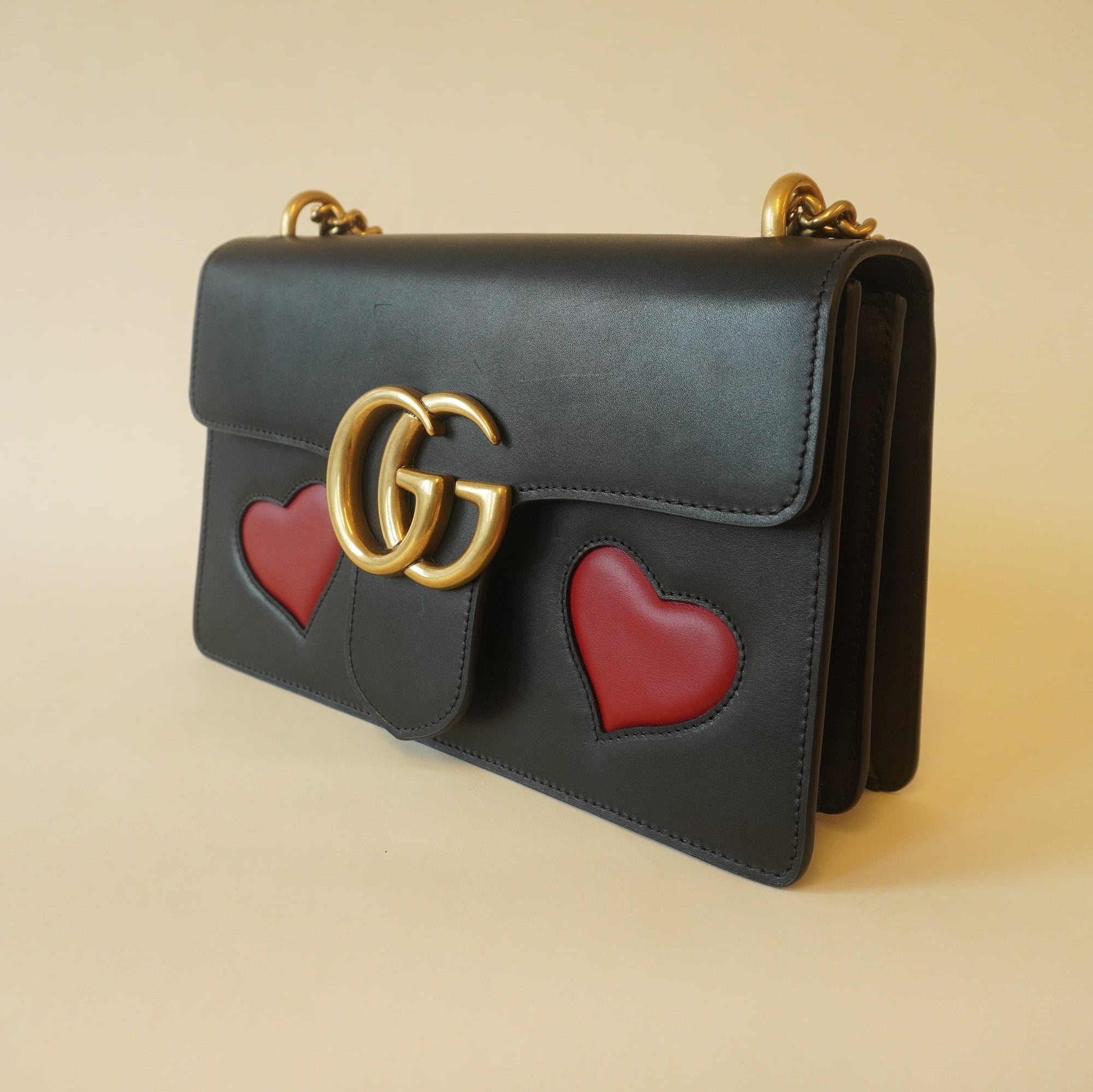 PRE-OWNED GG Black Knight Calfskin Malaga Kid Heart Medium Shoulder Bag