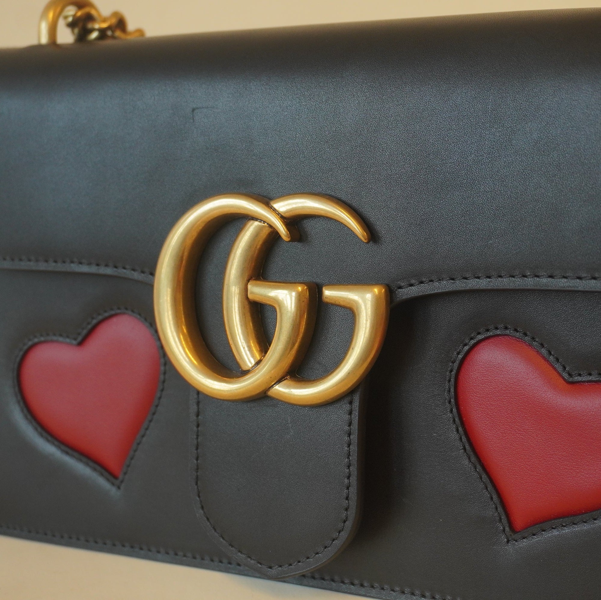 PRE-OWNED GG Black Knight Calfskin Malaga Kid Heart Medium Shoulder Bag