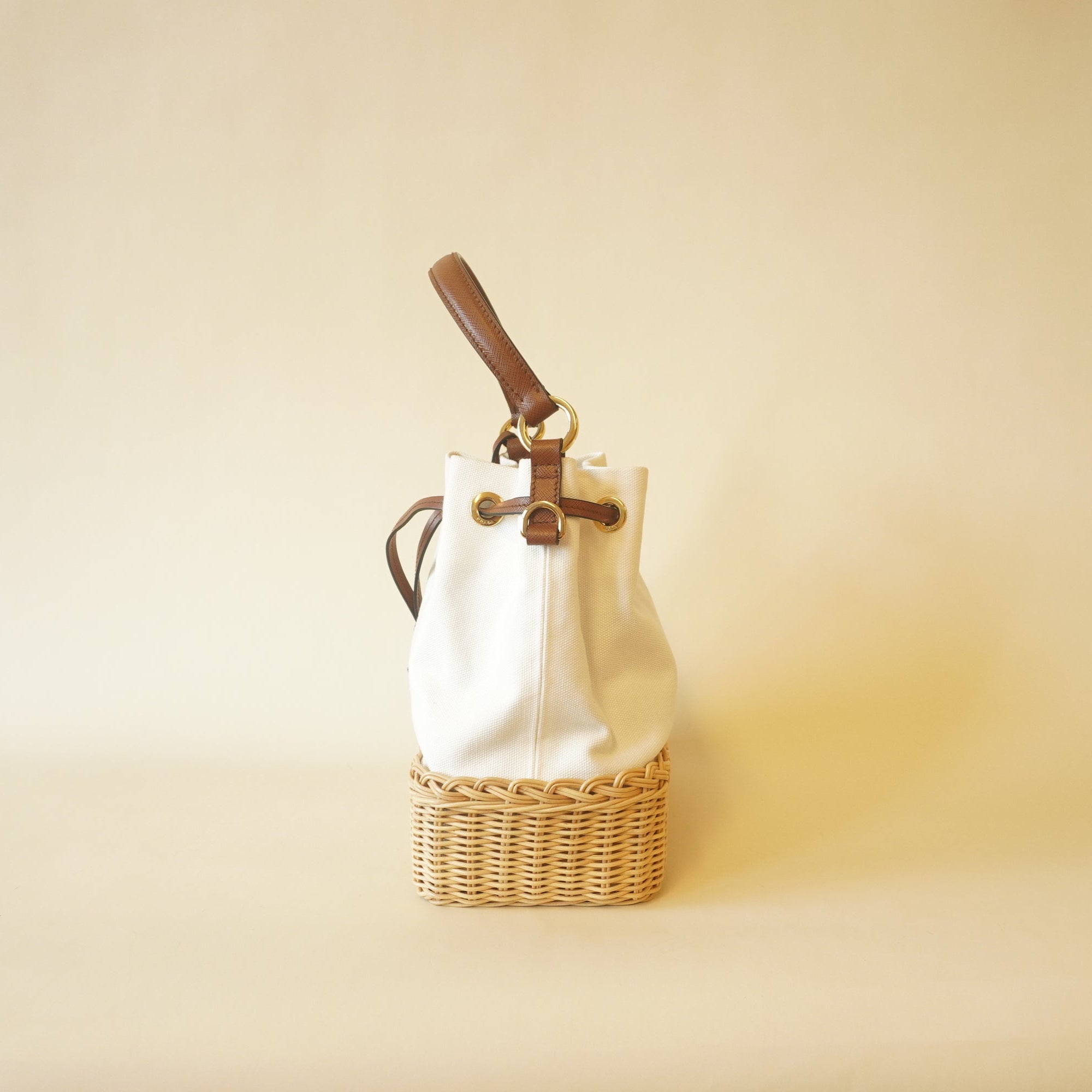 PRE-OWNED Wicker Canvas Bucket Naturale Shoulder Bag