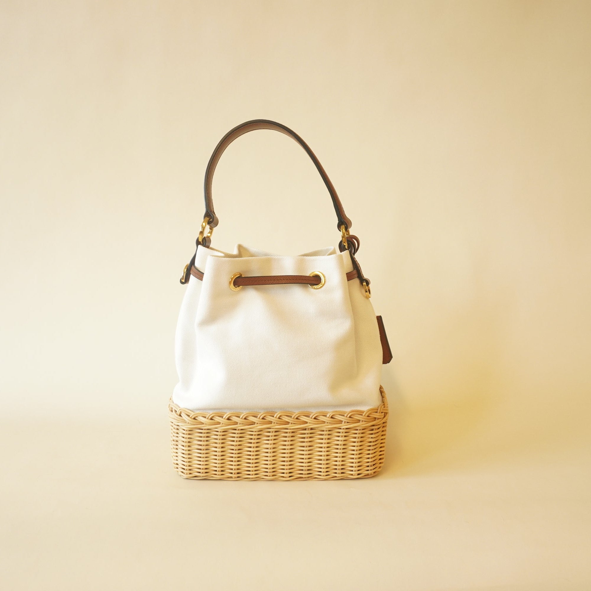 PRE-OWNED Wicker Canvas Bucket Naturale Shoulder Bag