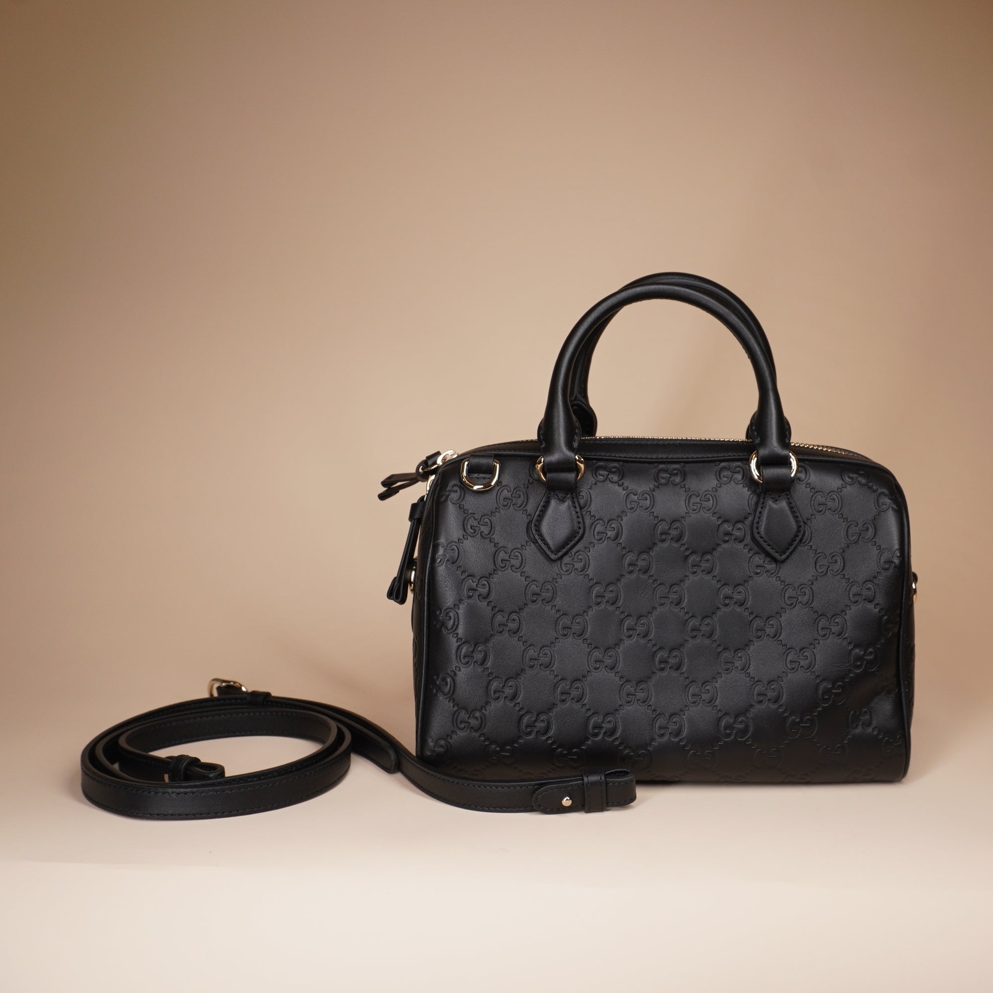 PRE-OWNED GG Grainy Calfskin Emblem Small Boston Bag Black
