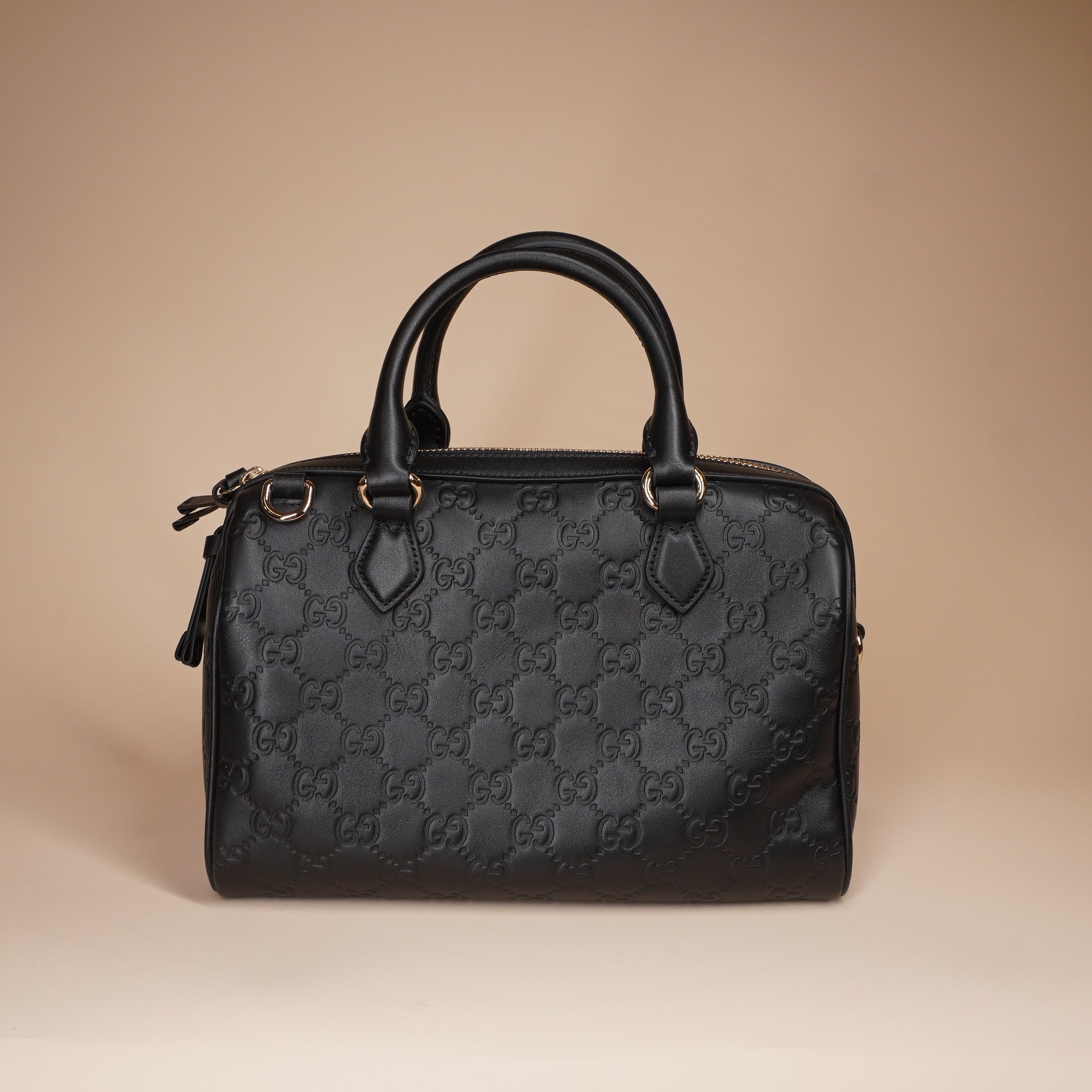 PRE-OWNED GG Grainy Calfskin Emblem Small Boston Bag Black