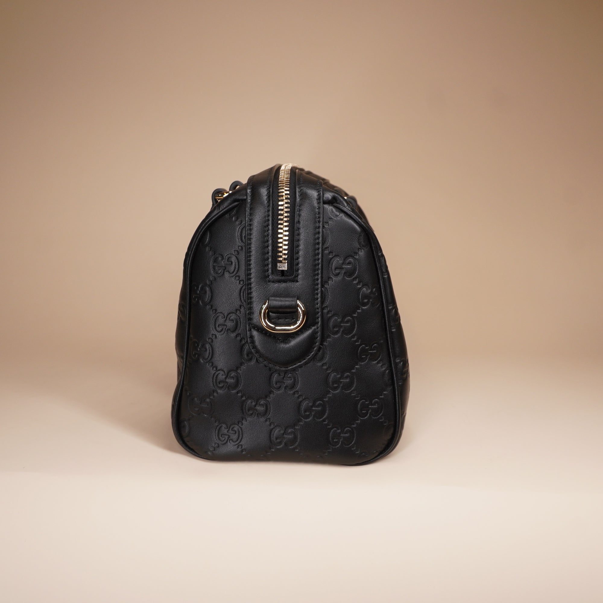 PRE-OWNED GG Grainy Calfskin Emblem Small Boston Bag Black