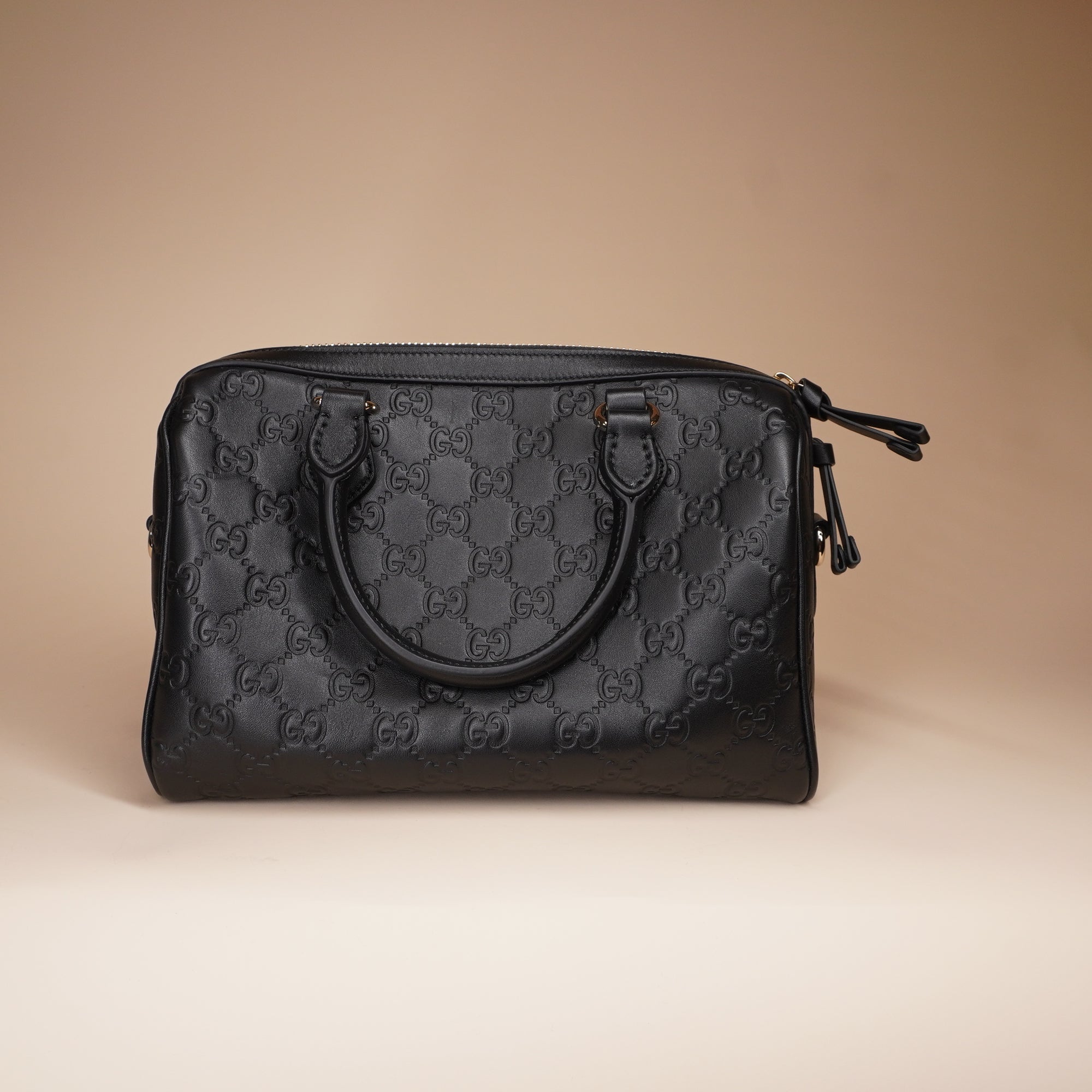 PRE-OWNED GG Grainy Calfskin Emblem Small Boston Bag Black