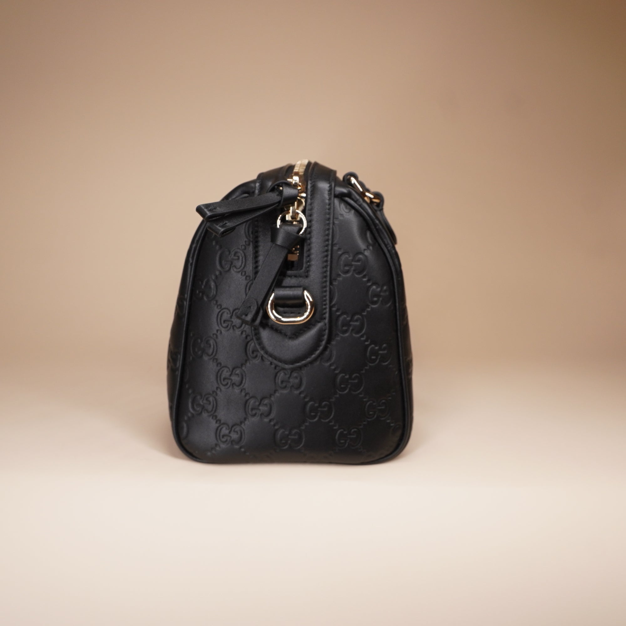 PRE-OWNED GG Grainy Calfskin Emblem Small Boston Bag Black