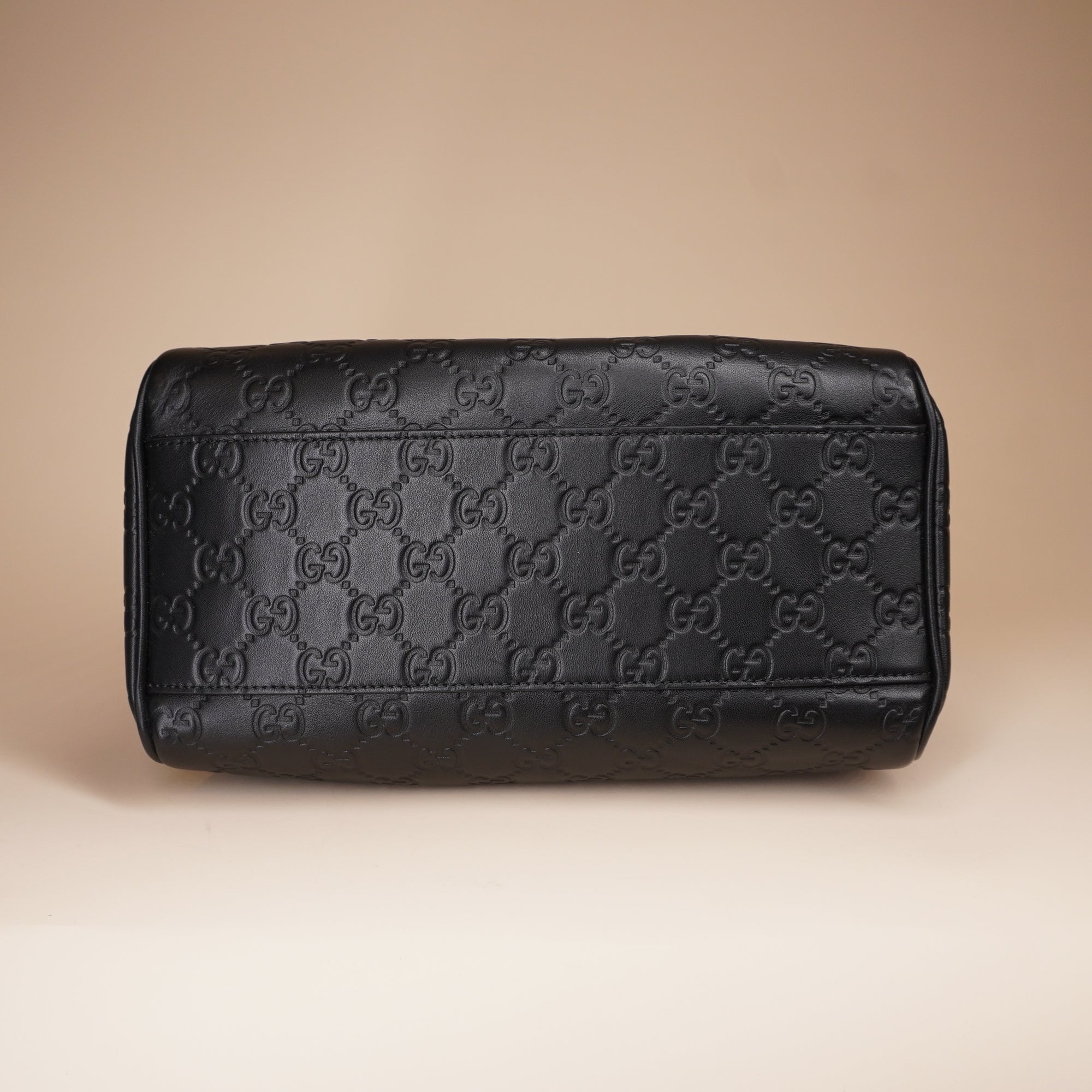 PRE-OWNED GG Grainy Calfskin Emblem Small Boston Bag Black